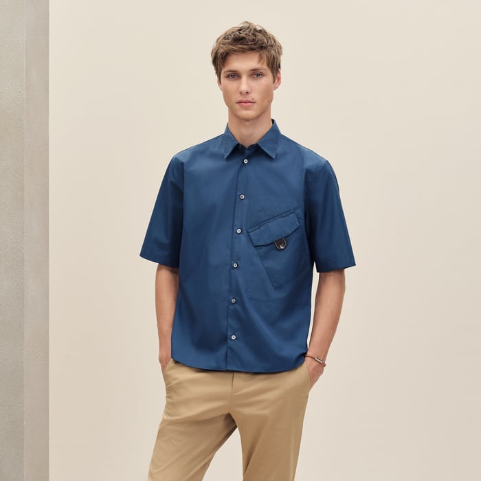 Indigo Short-sleeve Straight Cut Shirt With Leather Detail