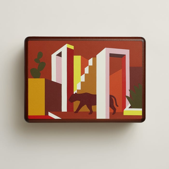 Cuivre Casaque Felin Dans Un Jardin Mexicain Watch and Cufflink Box