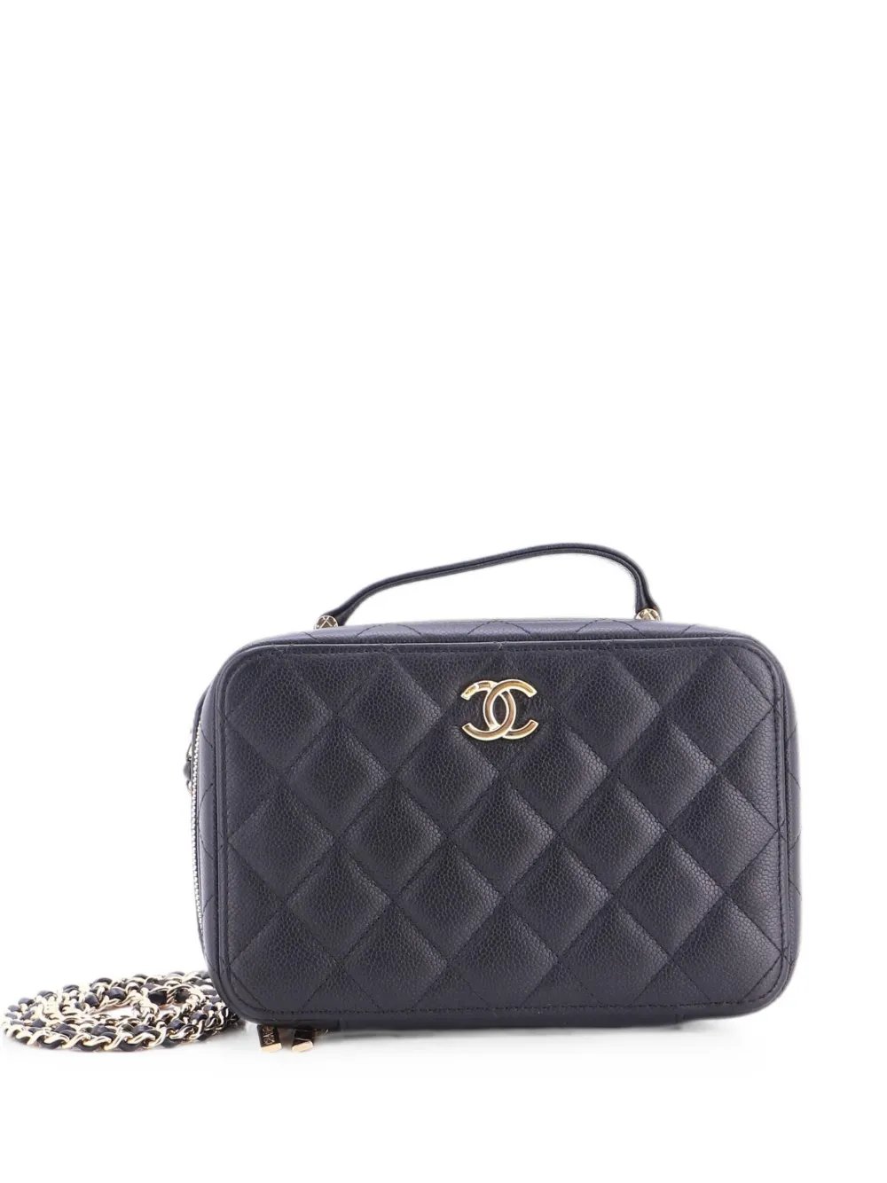 CC Zip Around Top Handle Vanity Case with Chain Quilted Caviar Small satchel