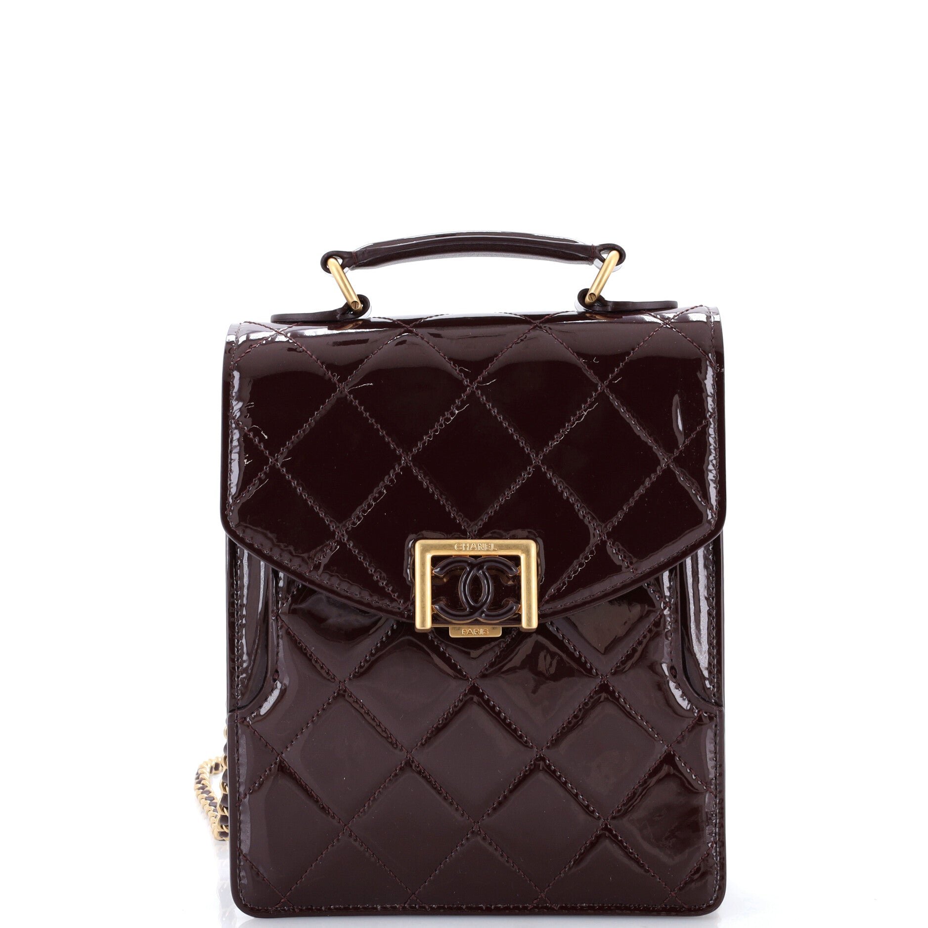 CC Vertical Top Handle Chain Flap Bag Quilted Patent Small