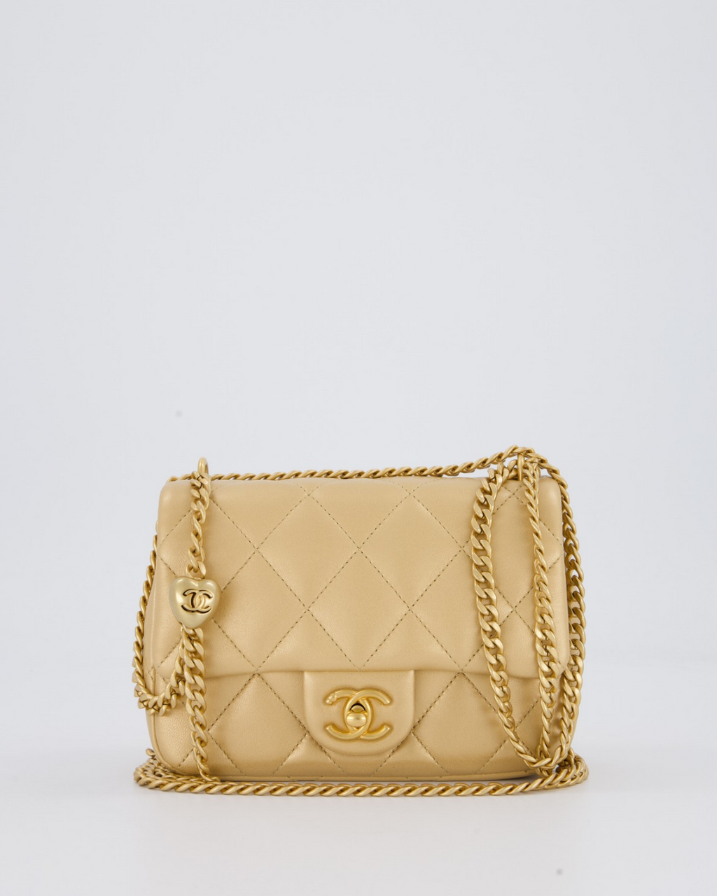Chanel 23P Gold Quilted Mini Sweetheart Flap Bag in Lambskin Leather With Gold Hardware