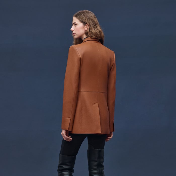Marron Fauve Veste Tailleur Double Croisure En Cuir