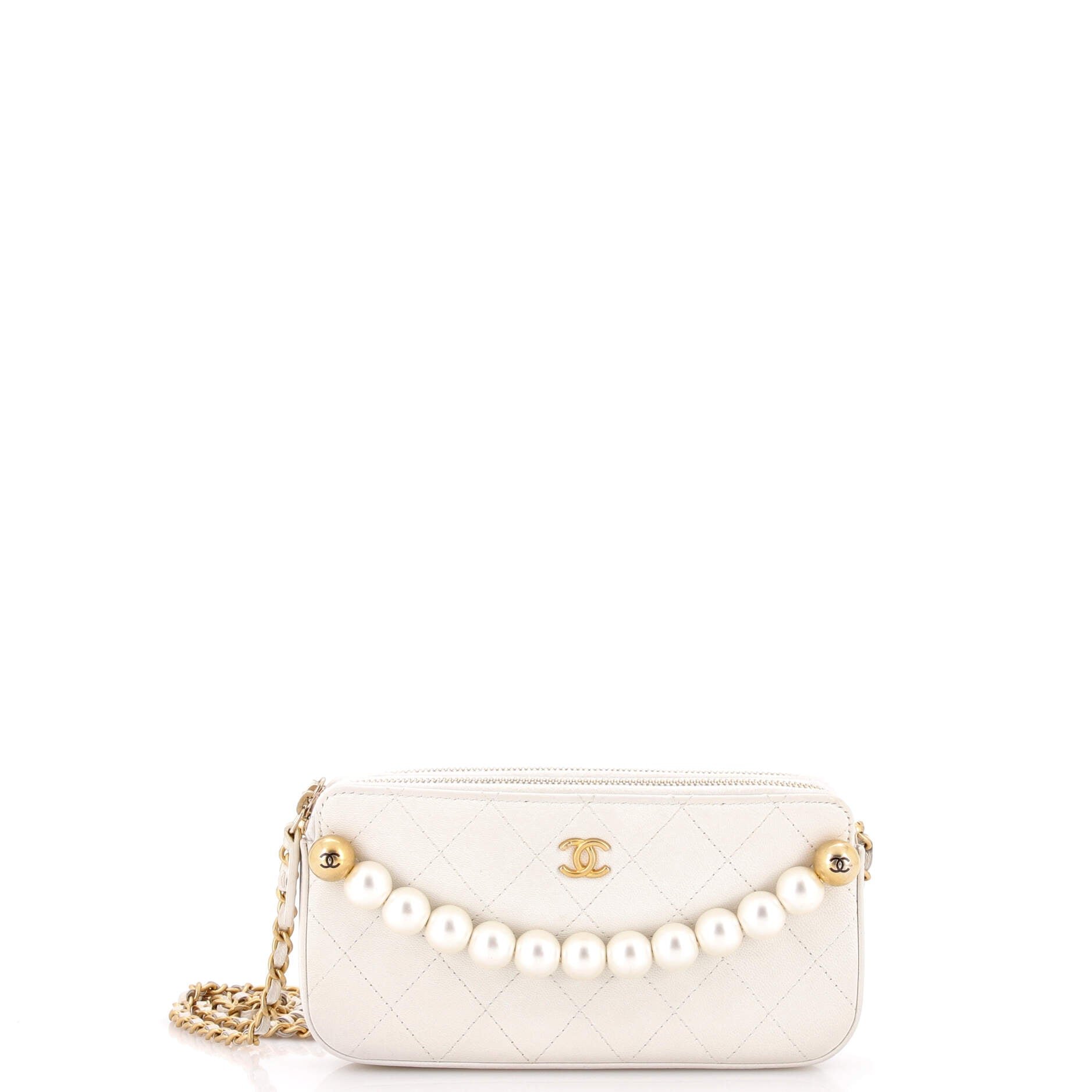 Chic Pearls Double Zip Clutch with Chain Quilted Lambskin