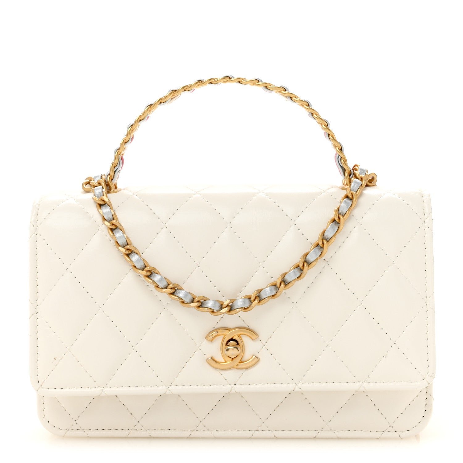 Chanel Shiny Calfskin Quilted Multicolor Top Handle Wallet On Chain WOC  White