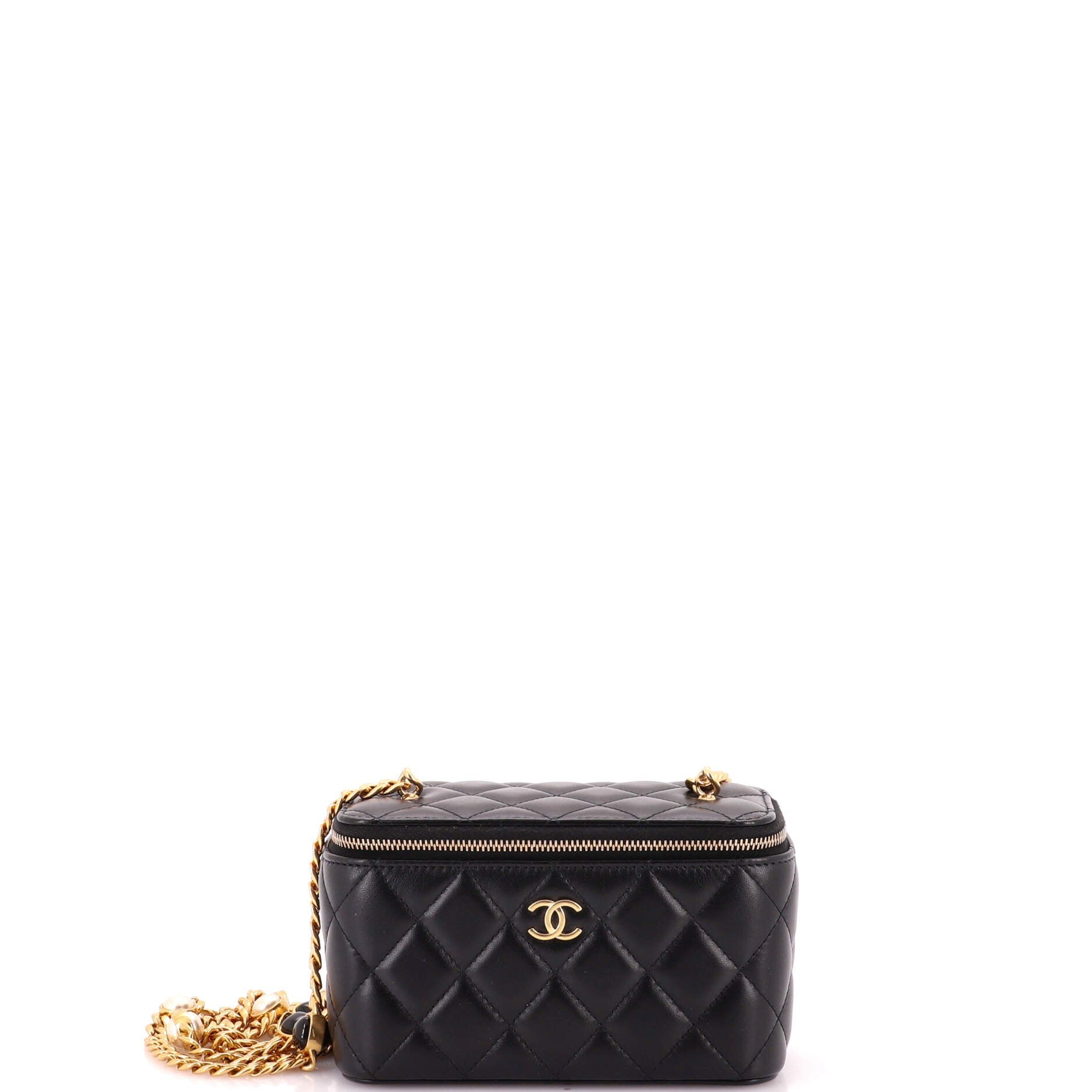 Classic Vanity Case with Resin Pearl Chain Quilted Lambskin Small