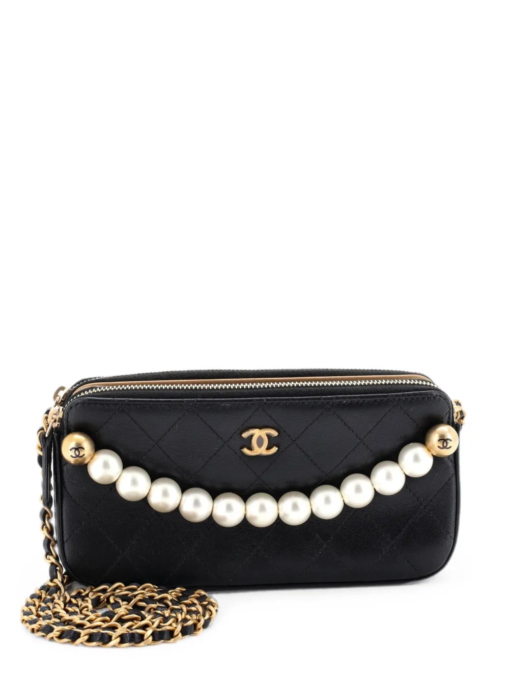 Chic Pearls Double Zip Clutch with Chain Quilted Lambskin crossbody bag