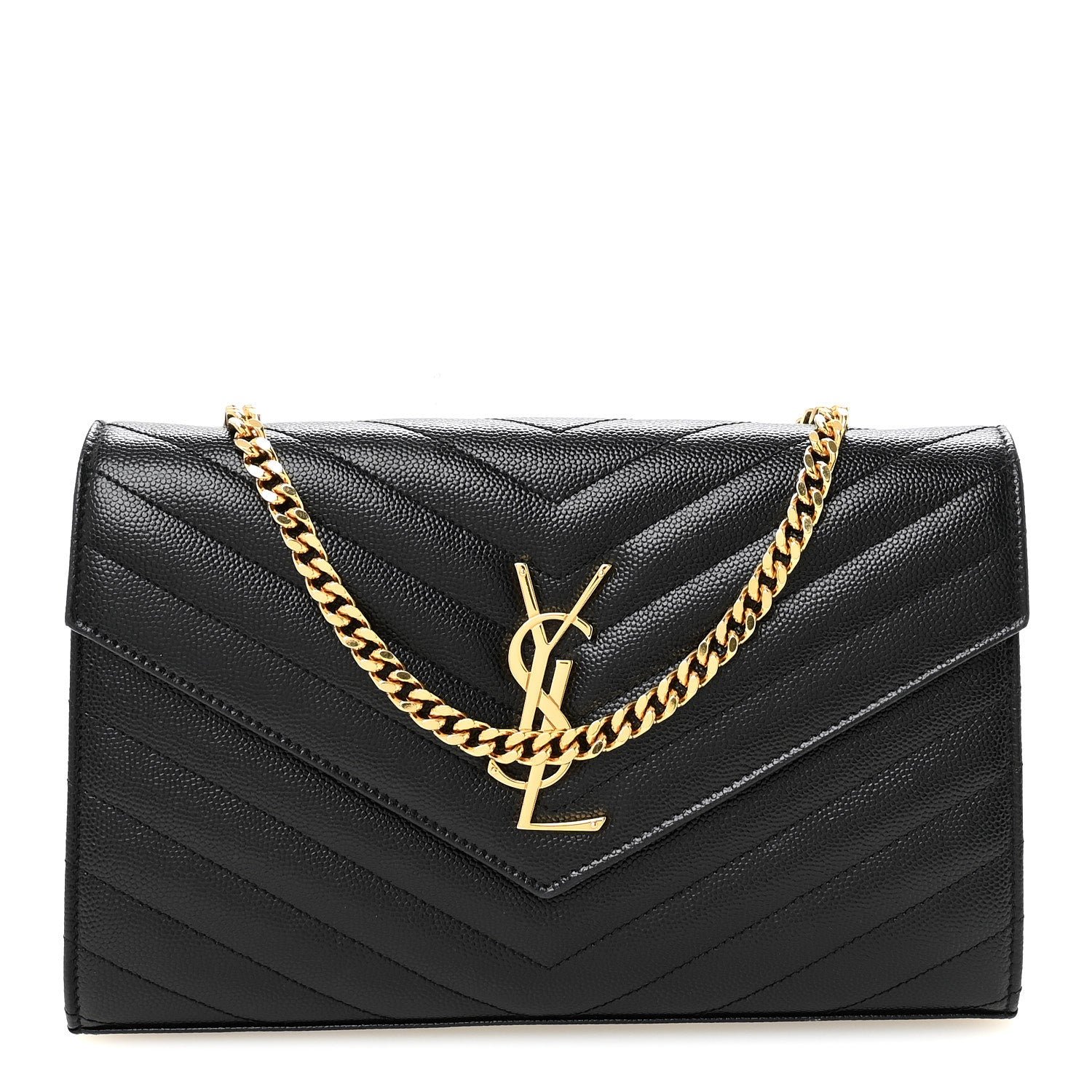 Saint Laurent Grain De Poudre Matelasse Chevron Monogram Chain Wallet Black