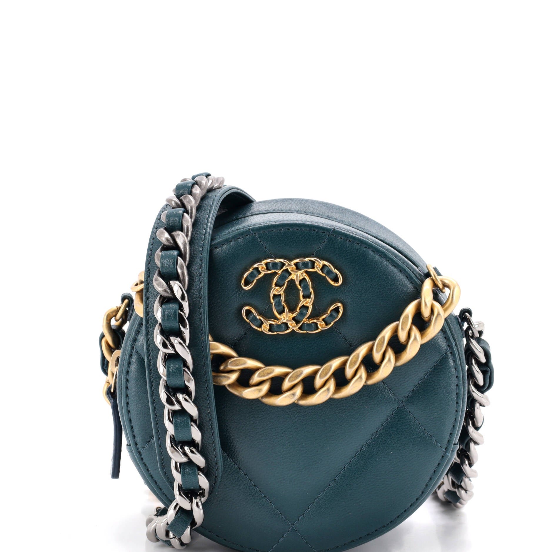 19 Round Clutch with Chain Quilted Leather