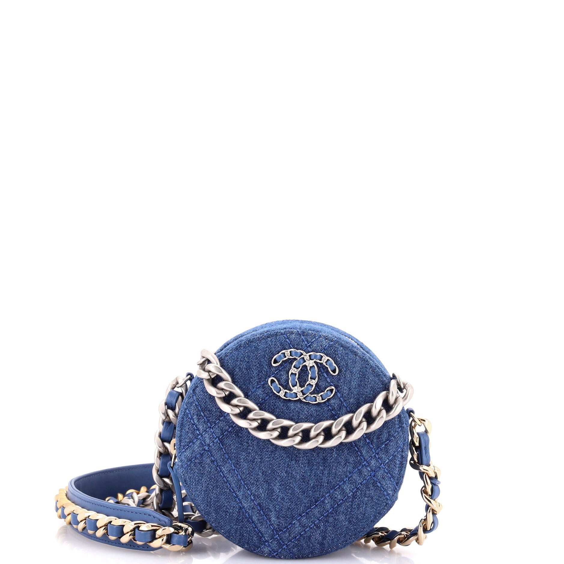 19 Round Clutch with Chain Quilted Denim