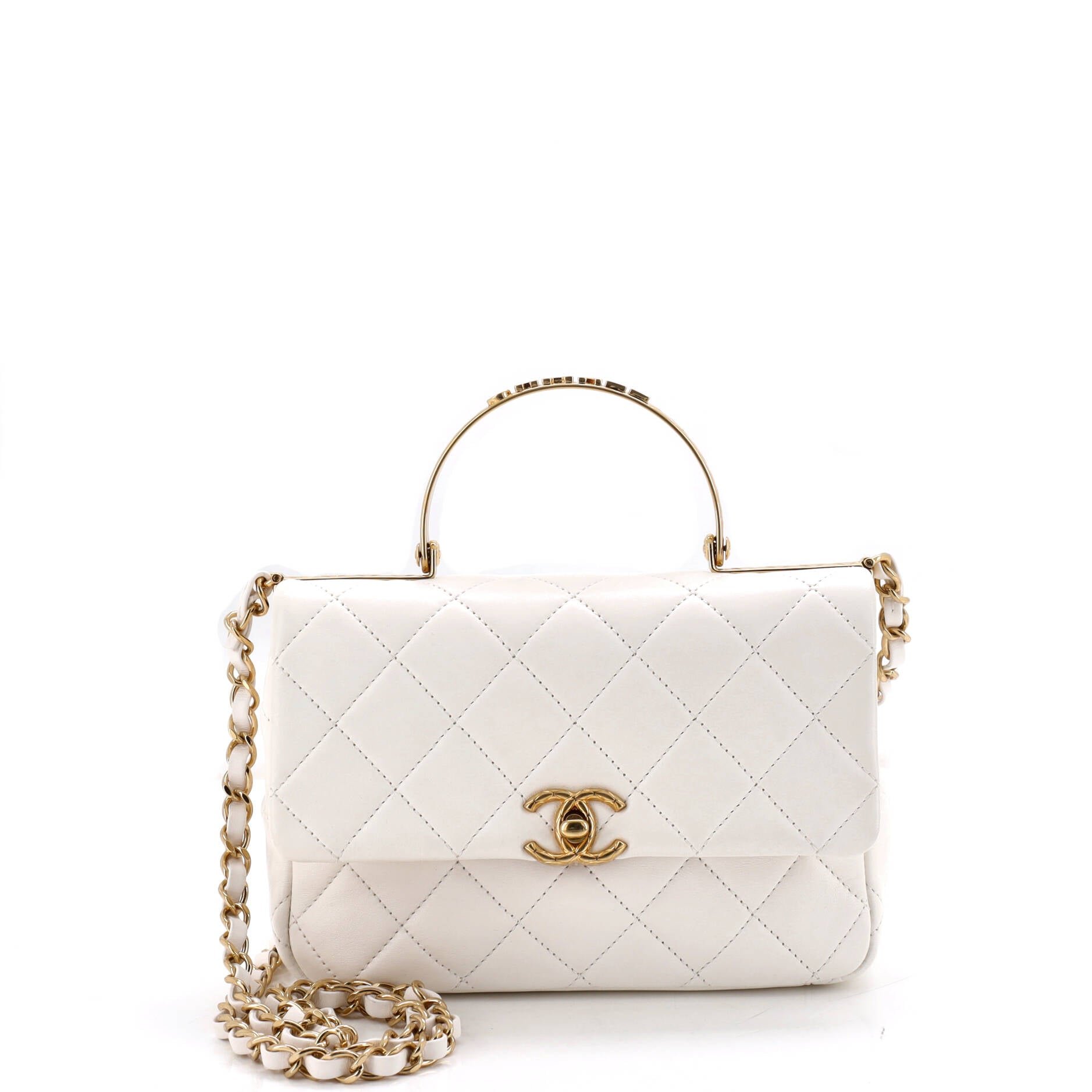 Logo Quilted Metal Top Handle Flap Bag Quilted Lambskin with Metal and Crystals Small
