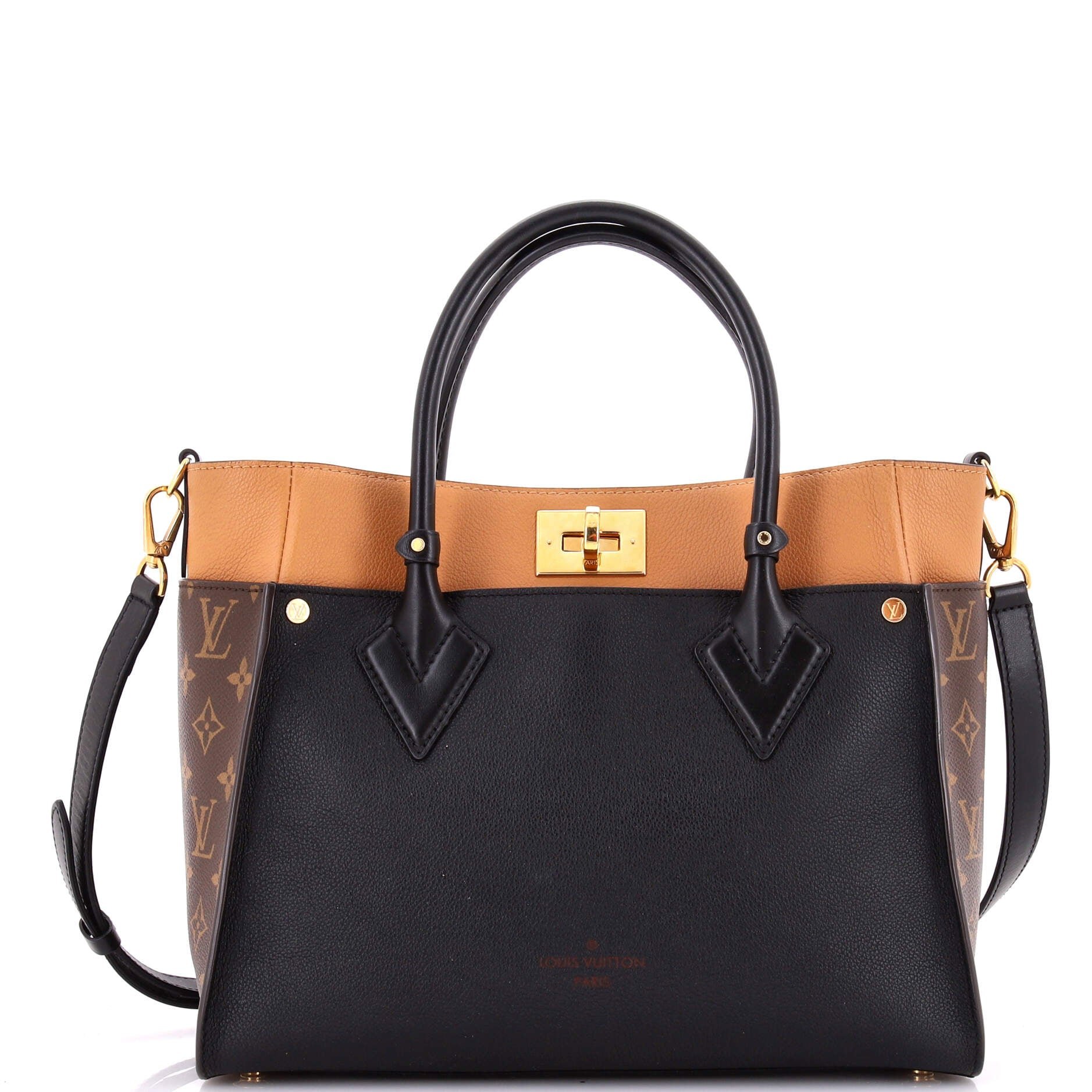 On My Side Tote Leather with Monogram Canvas MM