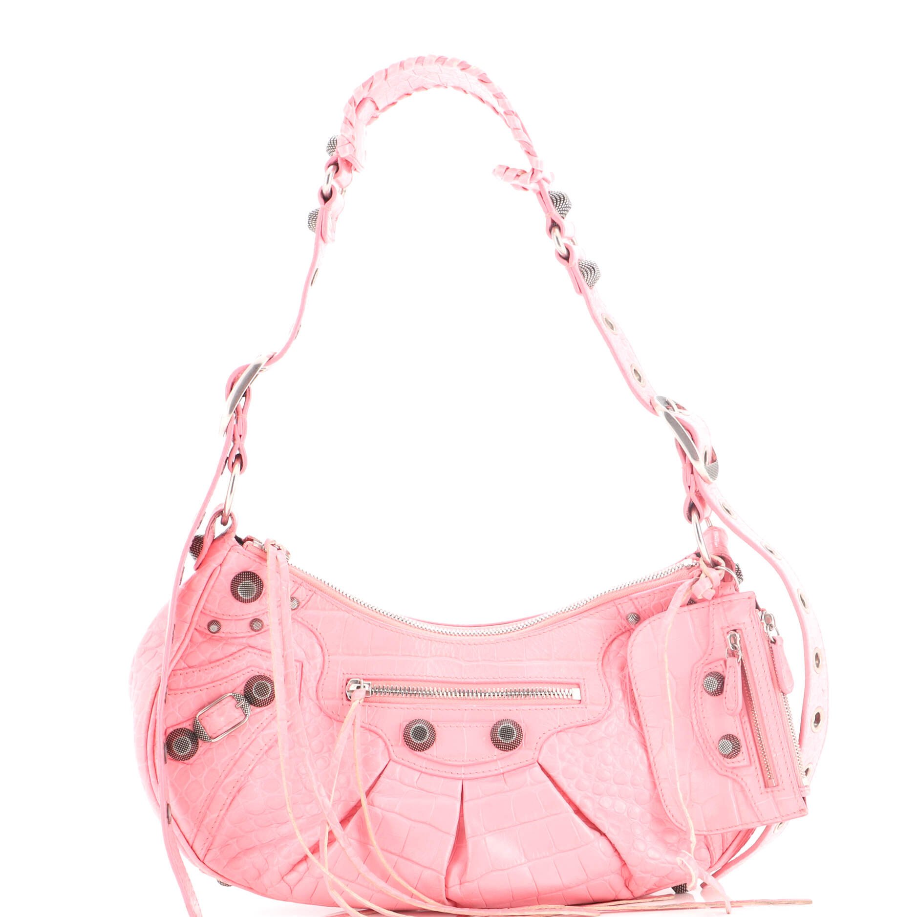 Le Cagole Giant Studs Shoulder Bag Crocodile Embossed Leather Small