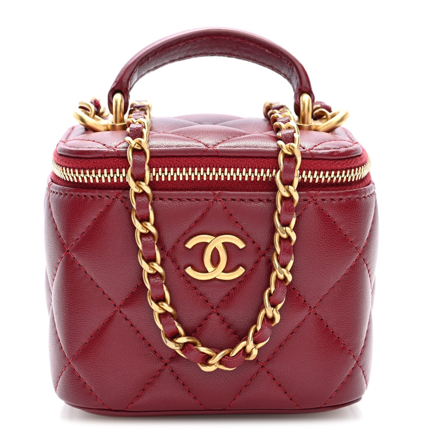 Chanel Lambskin Quilted Mini Top Handle Vanity Case With Chain Burgundy