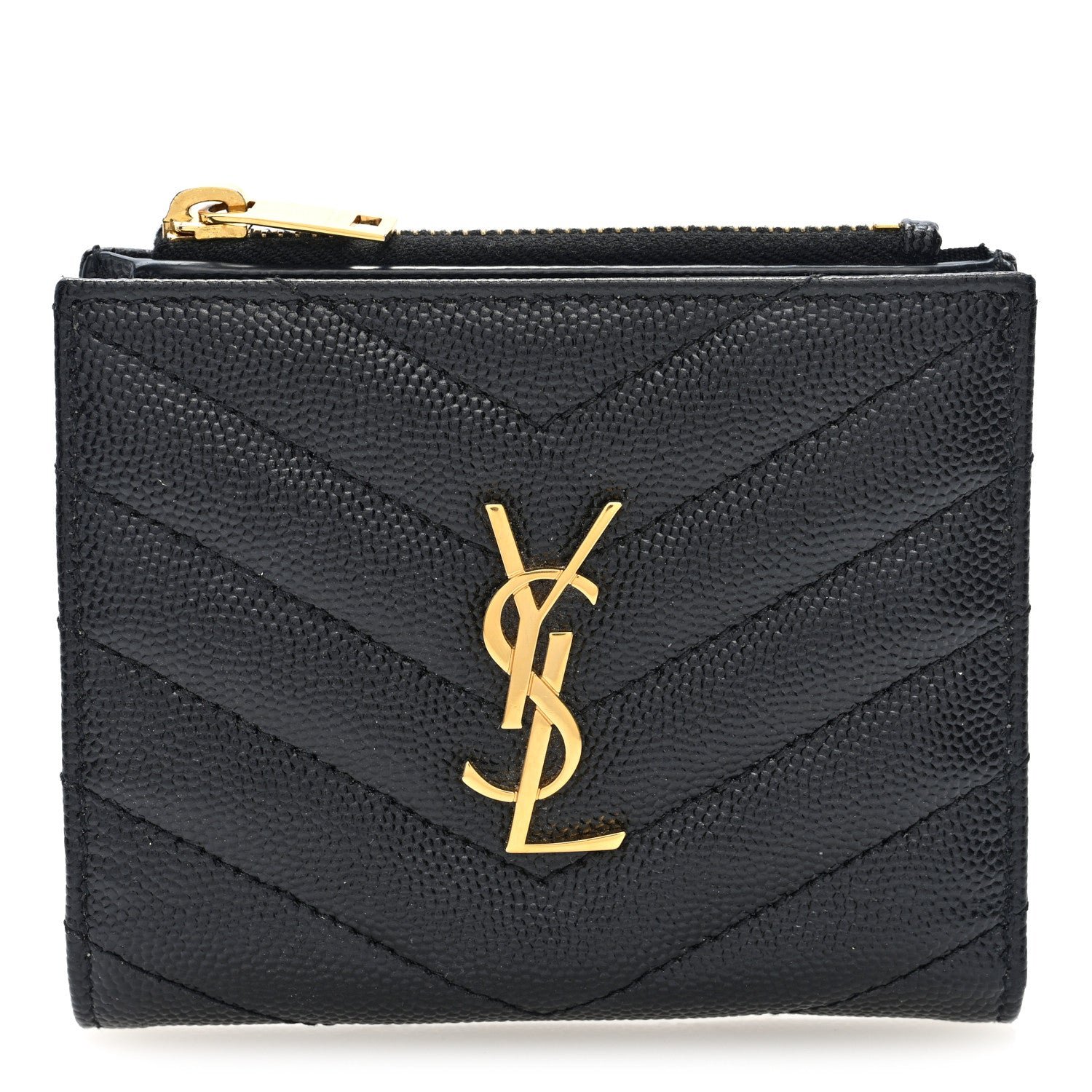 Saint Laurent Grain De Poudre Matelasse Chevron Monogram Zipped Card Case Black