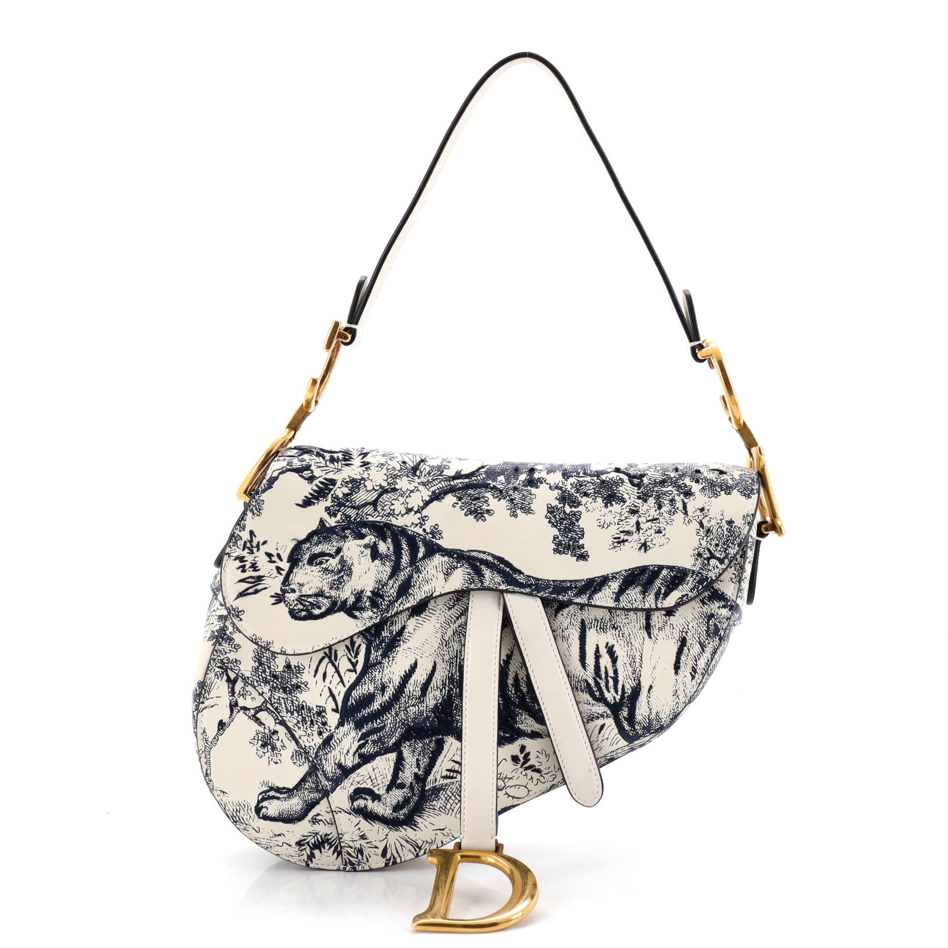 Toile De Jouy Saddle Bag Embroidered Leather Medium