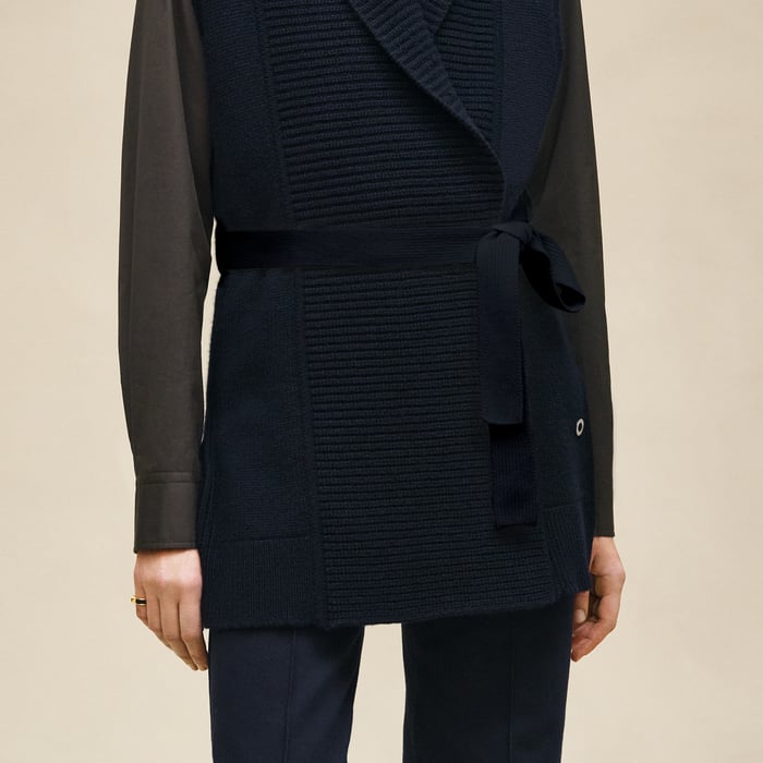 Bleu Noir Belted Cashmere Sleeveless Cardigan