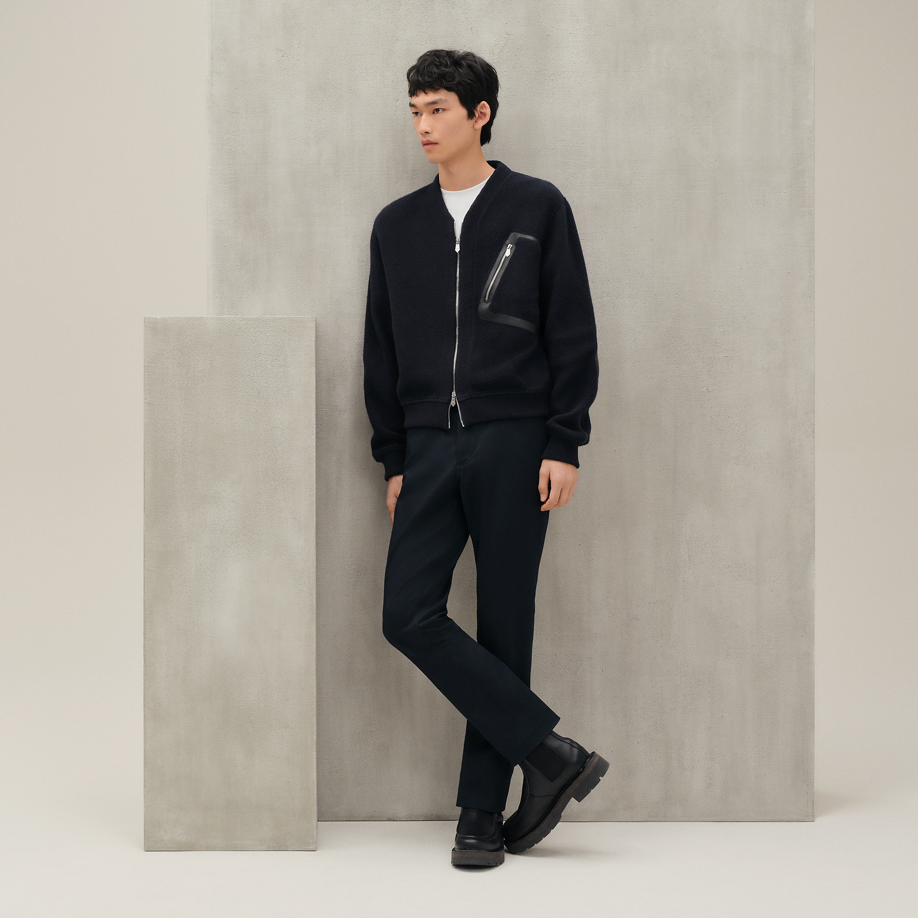 Zipped varsity cardigan with leather detail