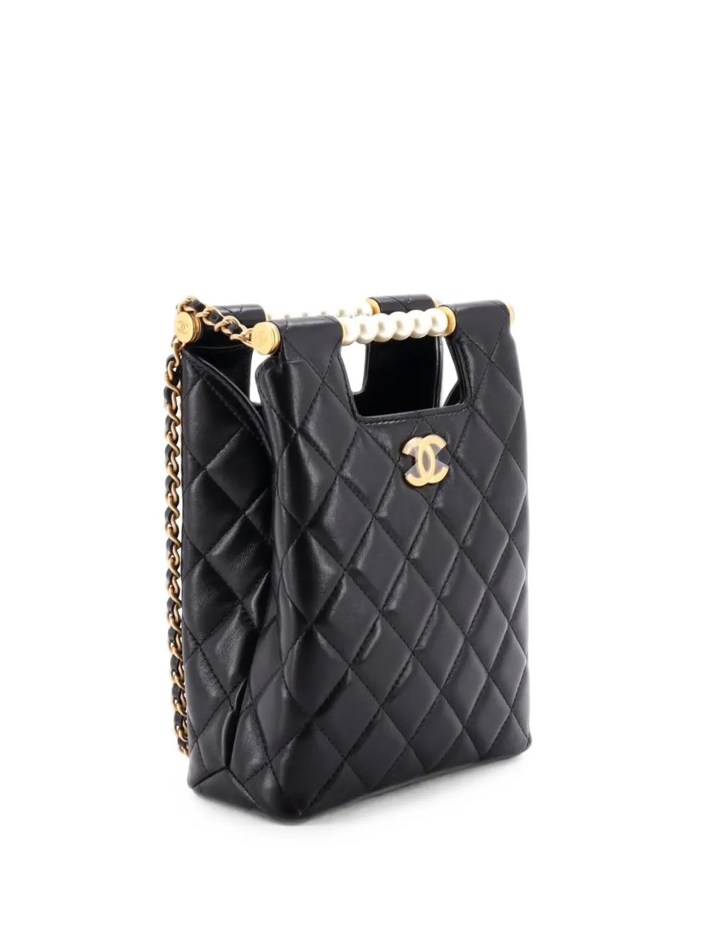 Chain Around Cut Out Handle Evening Tote Quilted Lambskin with Pearls Mini shoulder bag