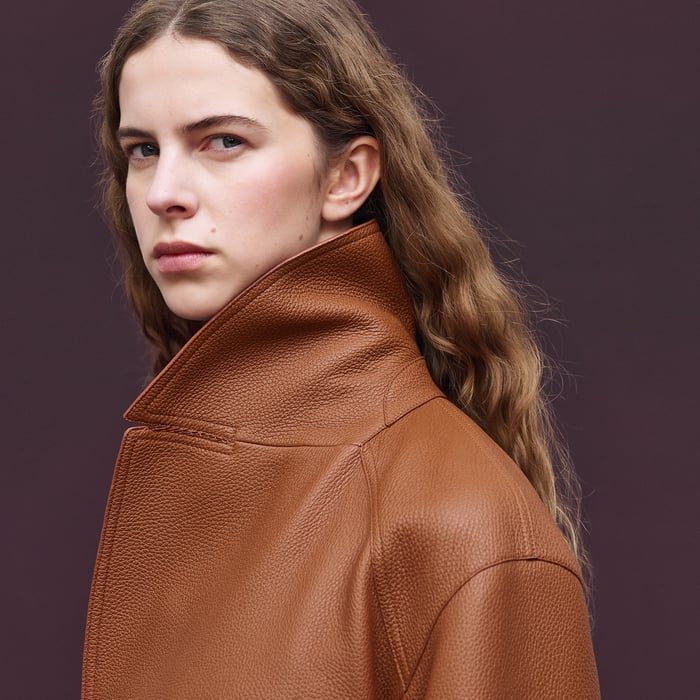 Marron Fauve Leather Pea Coat