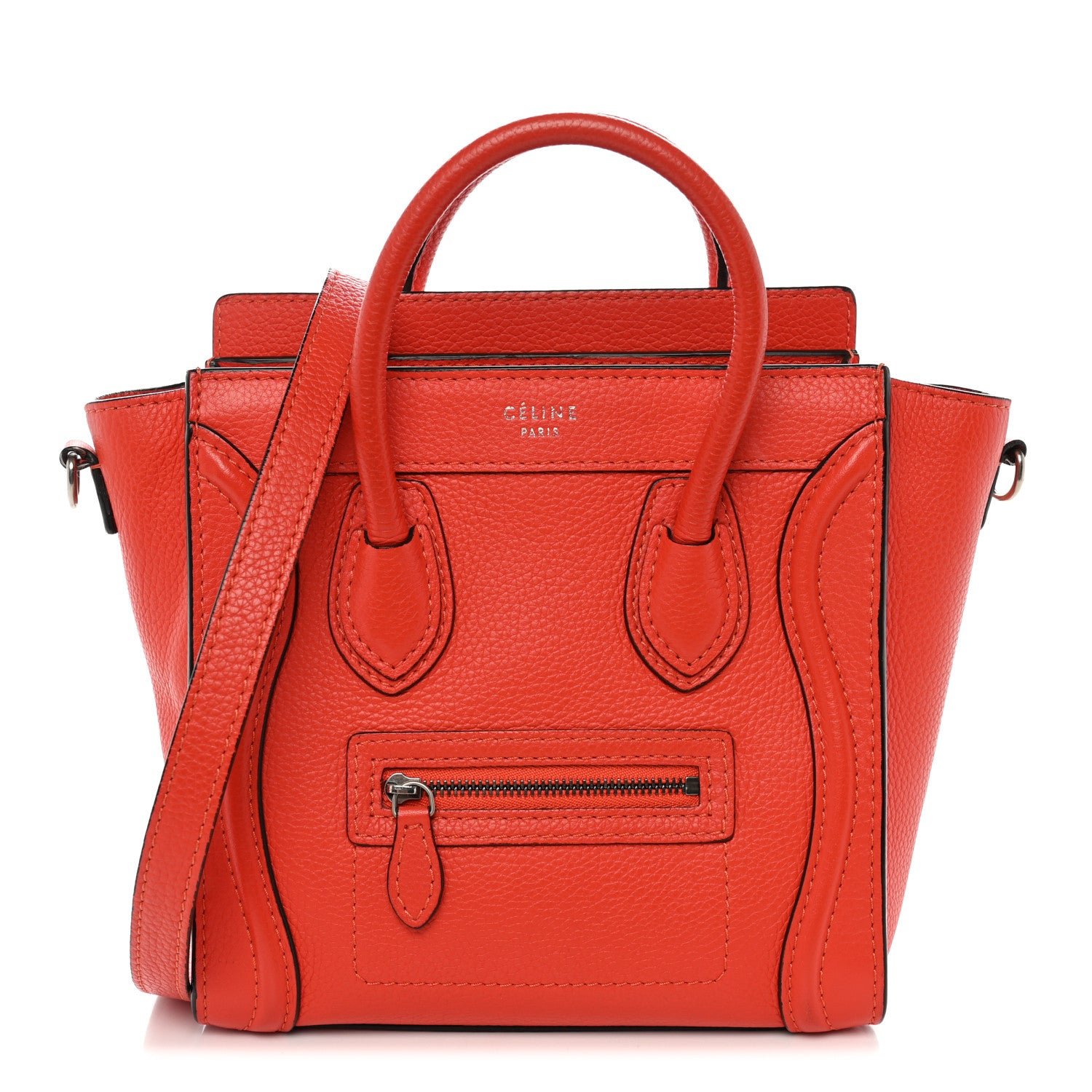 Celine Drummed Calfskin Nano Luggage Vermillion
