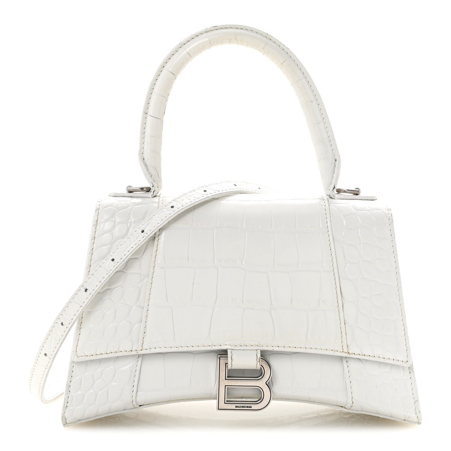 Balenciaga Calfskin Crocodile Embossed Small Hourglass Top Handle Bag White