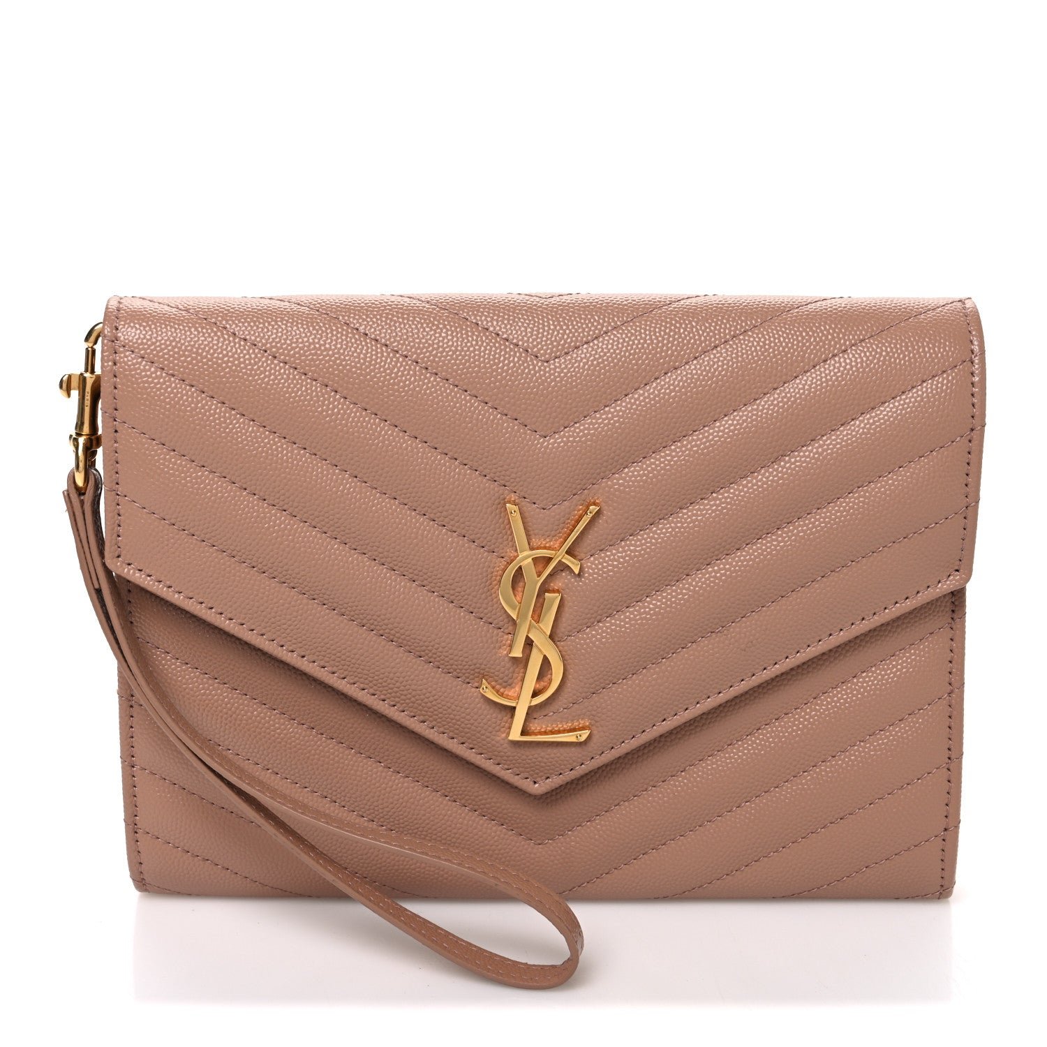 Saint Laurent Grain De Poudre Matelasse Chevron Monogram Cassandre Flap Pouch  Vintage Peach