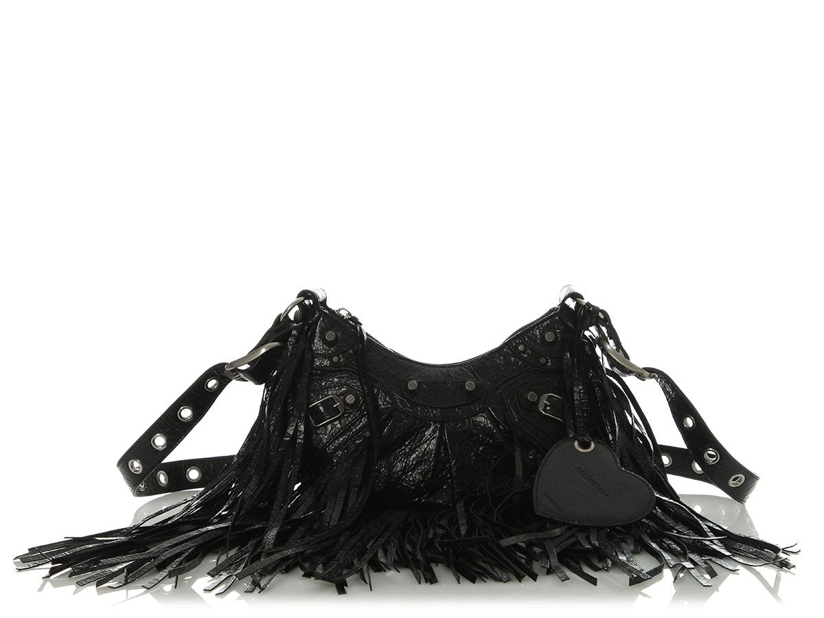 Balenciaga Black Lambskin Le Cagole Fringed Shoulder Bag XS