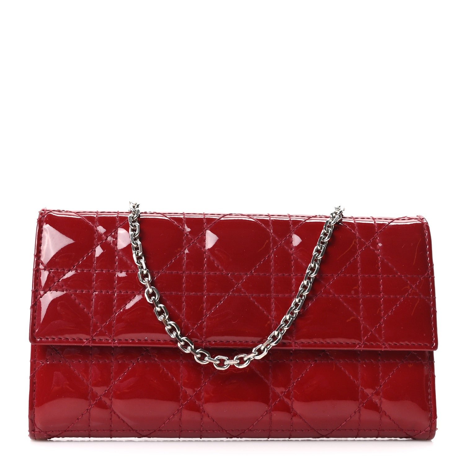 Christian Dior Patent Cannage Rendez-vous Chain Wallet Red