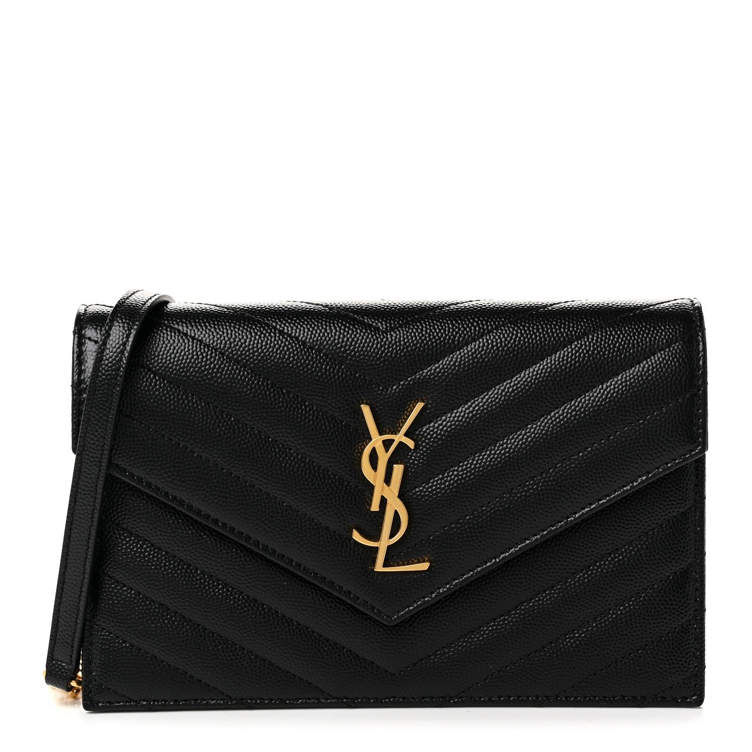 Saint Laurent Grain De Poudre Matelasse Chevron Monogram Envelope Chain Wallet Black
