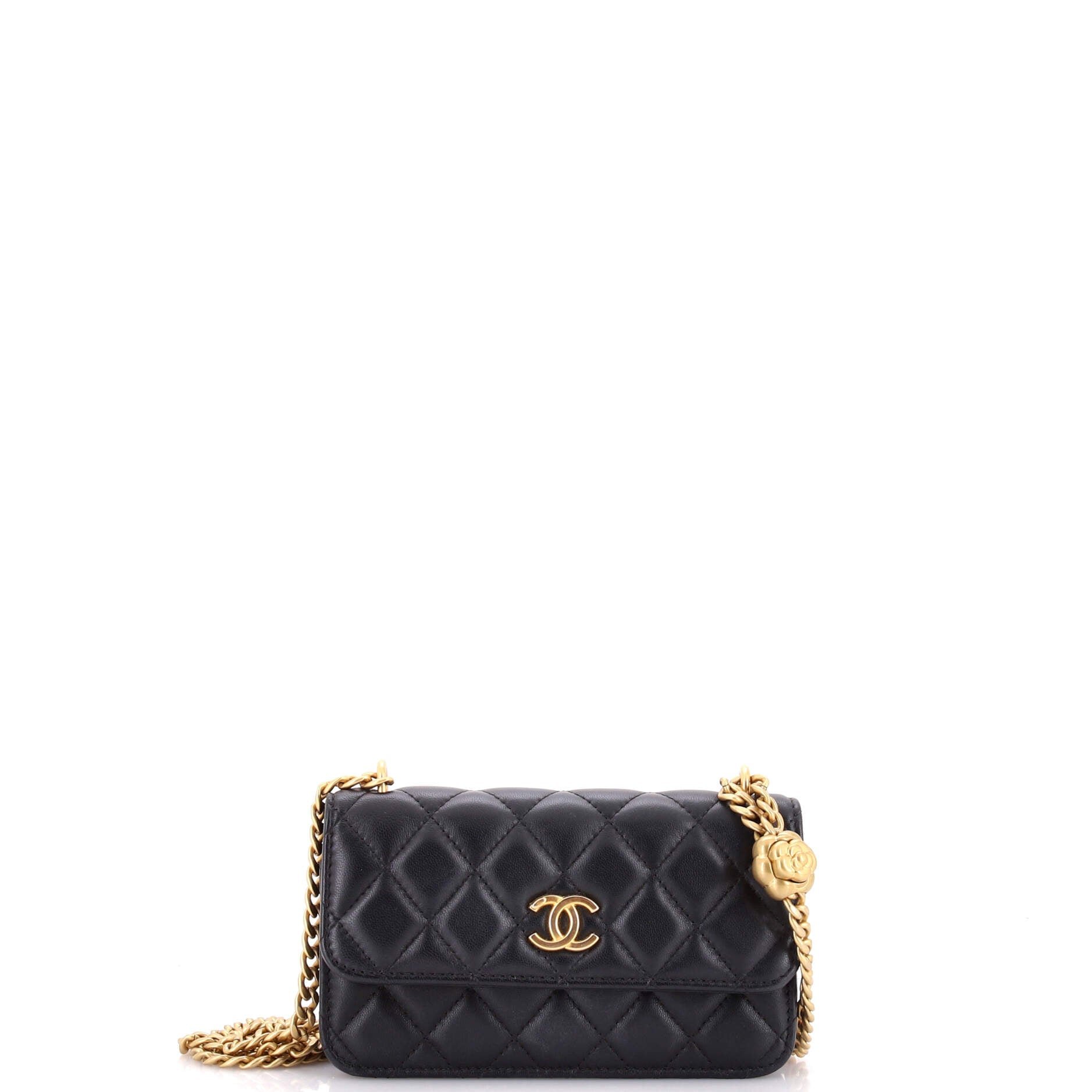 Sweet Camellia Flap Phone Holder with Chain Quilted Lambskin