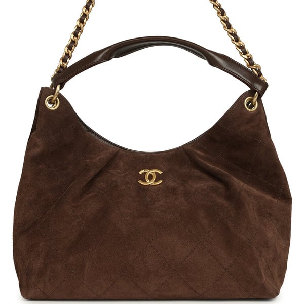 Chanel Maxi Hobo Bag Dark Brown Suede Antique Gold Hardware