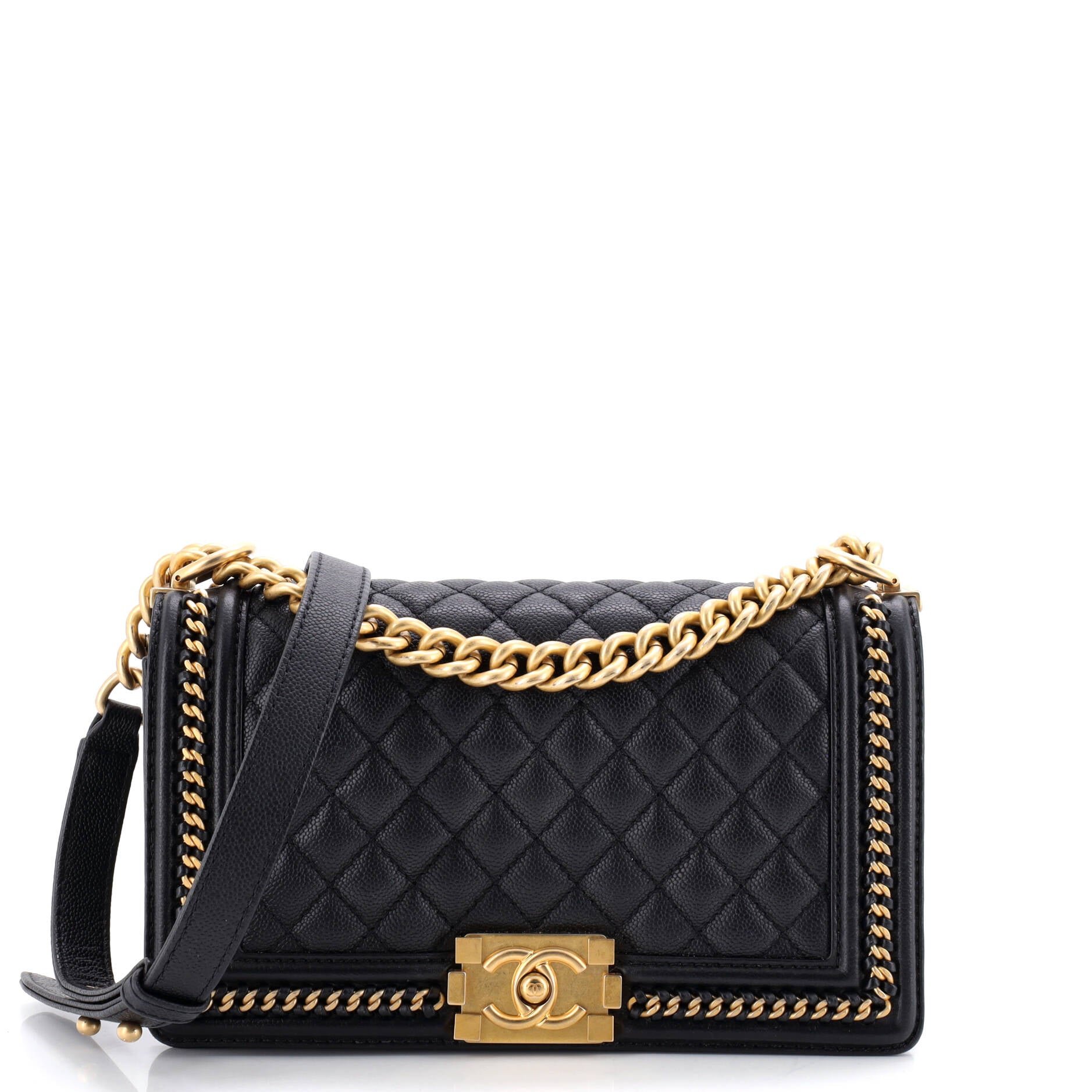 Boy Flap Bag Quilted Caviar with Whipstitch Chain Detail Old Medium