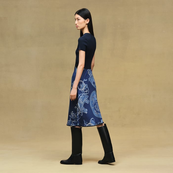 Bleu Lagune "Ex-libris a Main Levee" Short-sleeve Twillaine Long Dress
