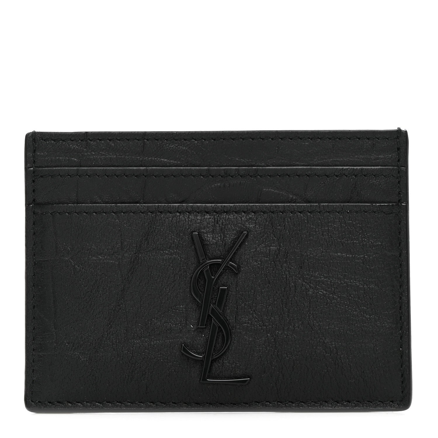 Saint Laurent Calfskin Crocodile Embossed Monogram Credit Card Case Black