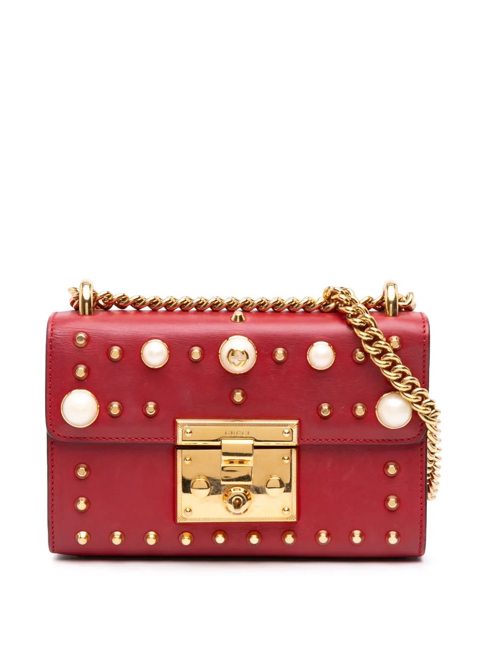 2016-2026 Small Pearl Studded Leather Padlock crossbody bag