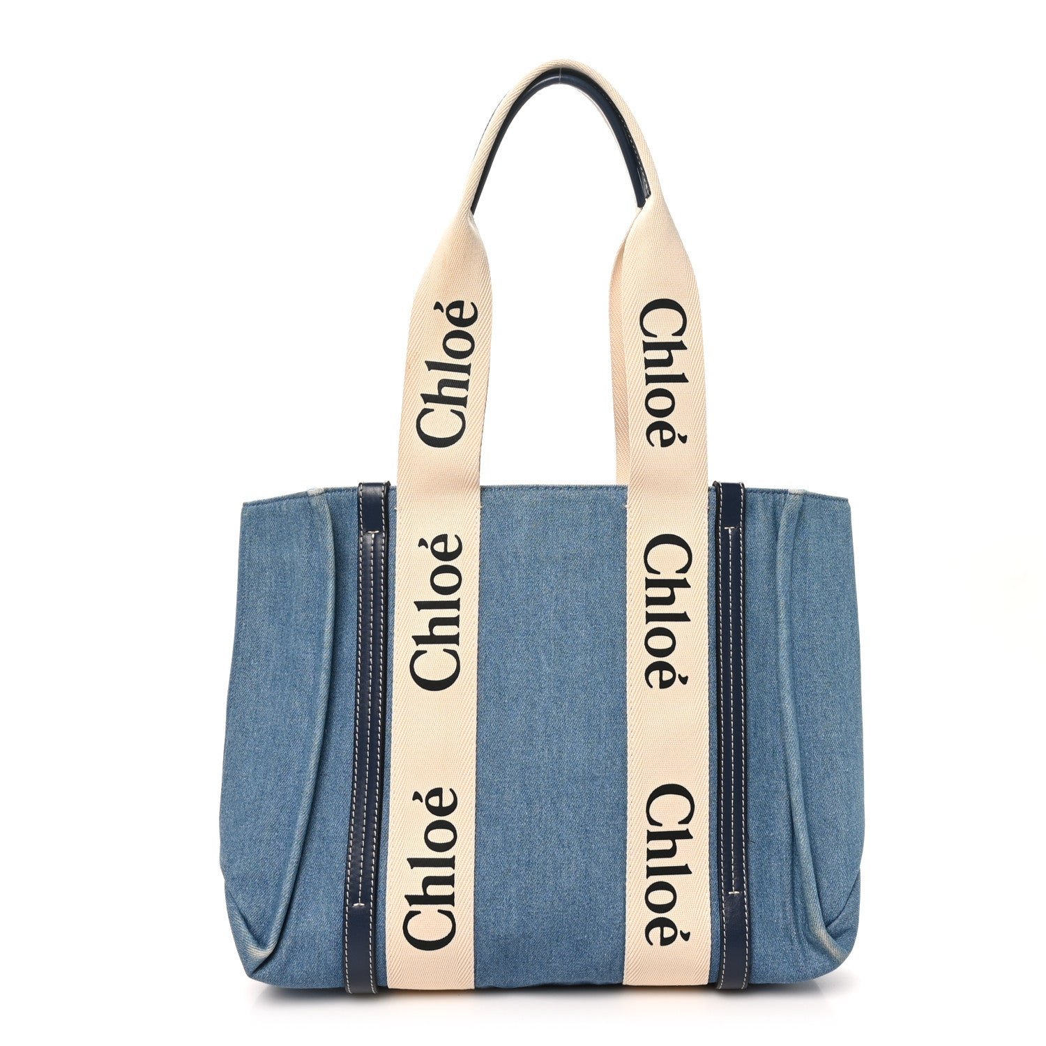 Chloe Chloe Denim Shiny Calfskin Medium Woody Ribbon Tote Navy