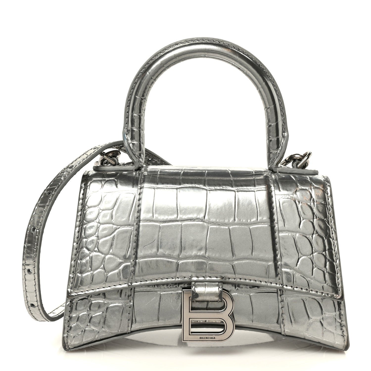 Balenciaga Metallic Calfskin Crocodile Embossed Hourglass Top Handle Bag XS Silver