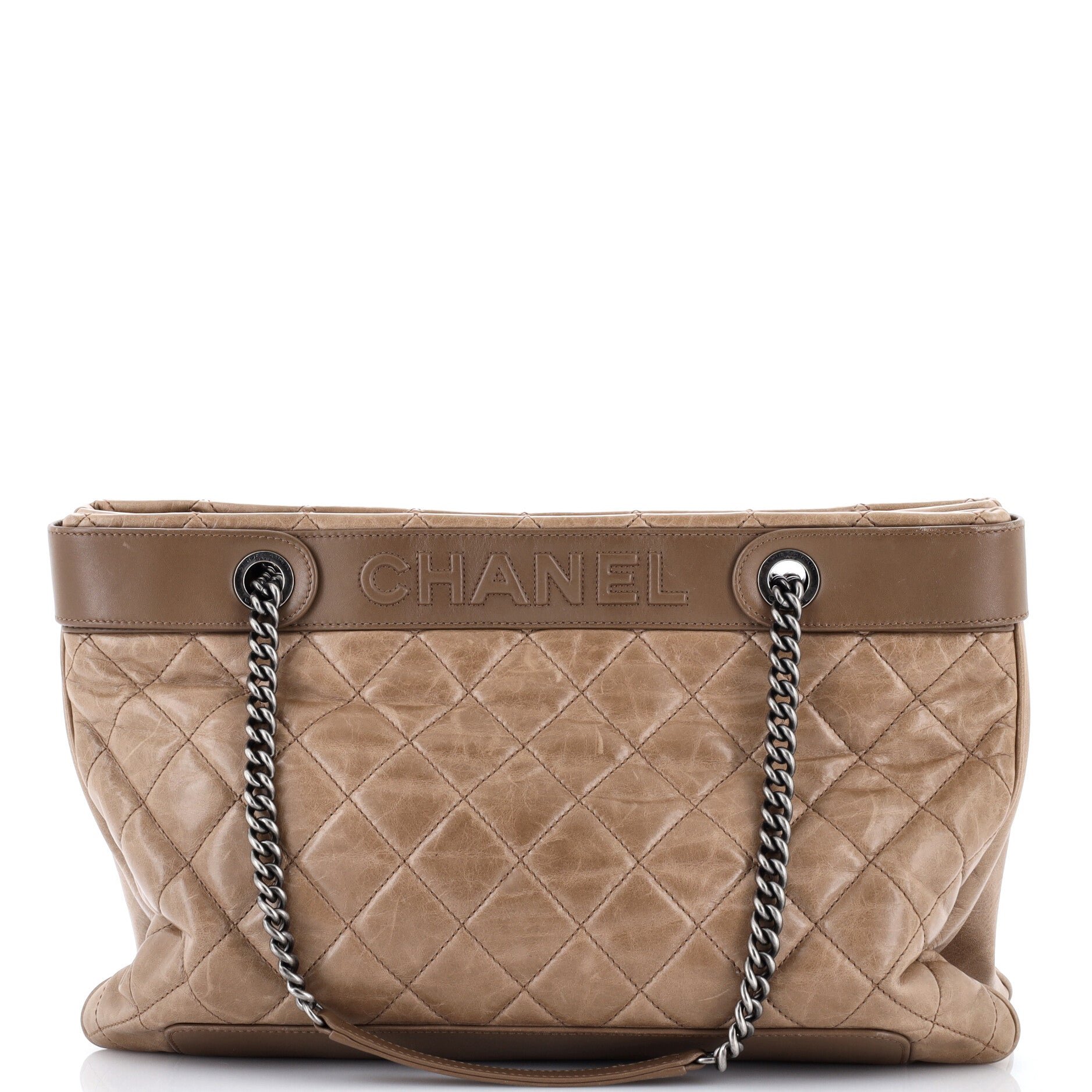 Chanel Aged Chain Logo Shopping Tote Quilted Aged Calfskin Large
