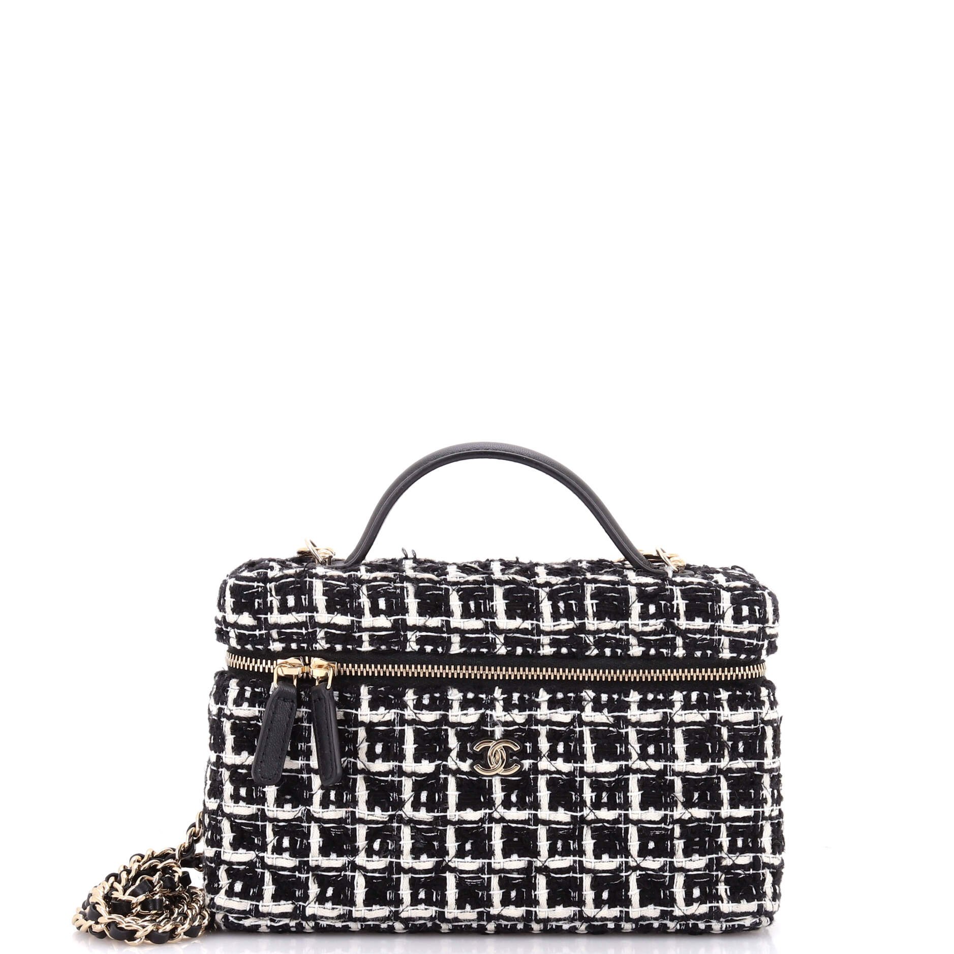 Classic Top Handle Slim Vanity Case with Chain Quilted Tweed Small