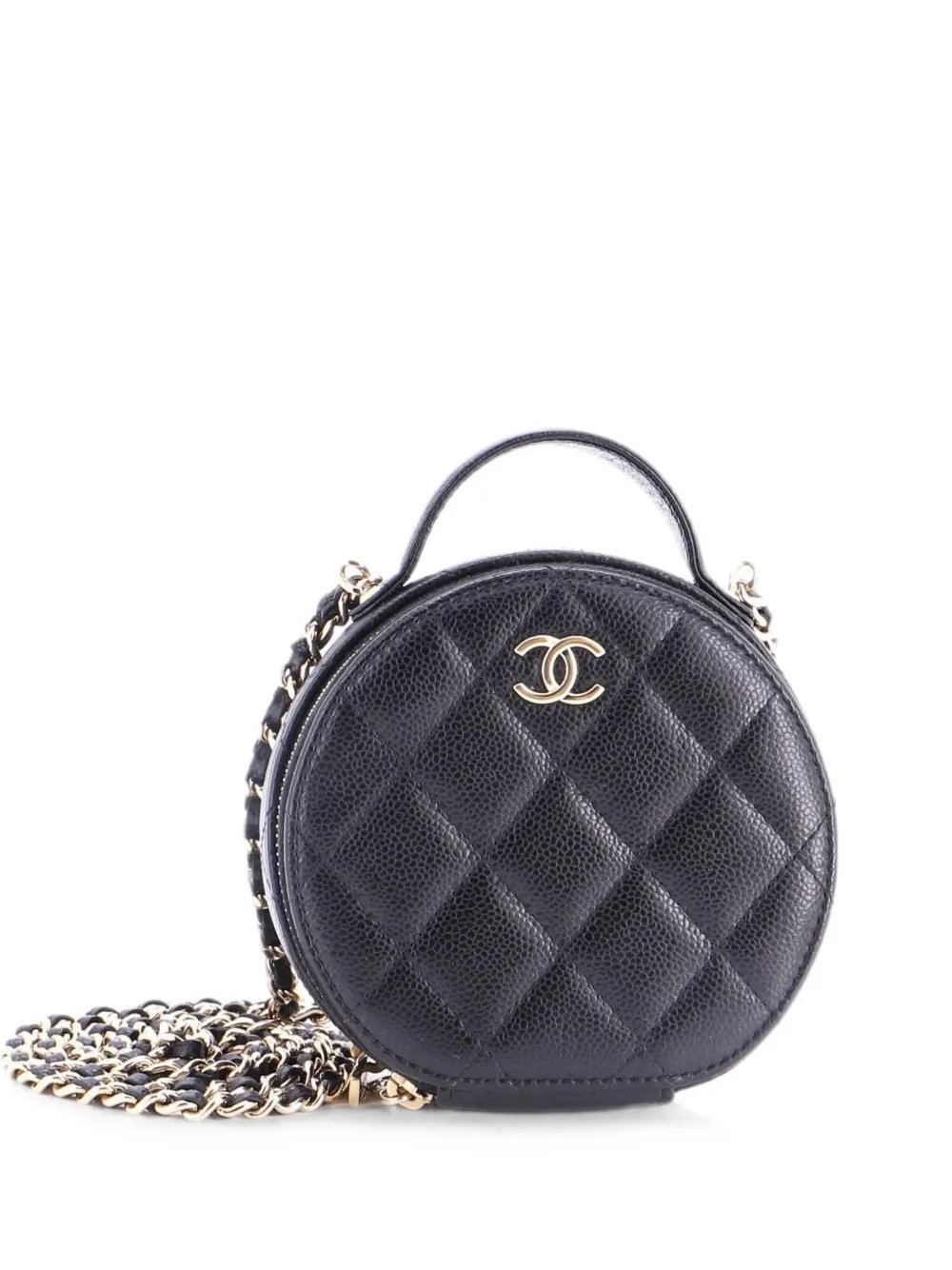 Handle with Care Round Vanity Case with Chain Quilted Caviar Small crossbody bag