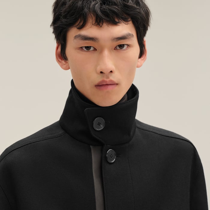 Noir Straight Cut Jacket With Leather Detail