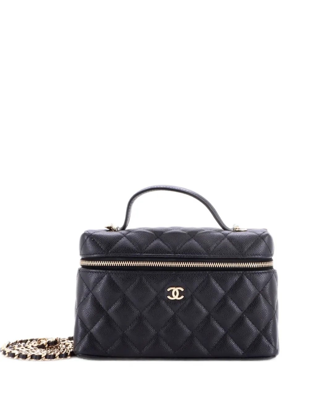 Classic Top Handle Slim Vanity Case with Chain Quilted Caviar Small satchel