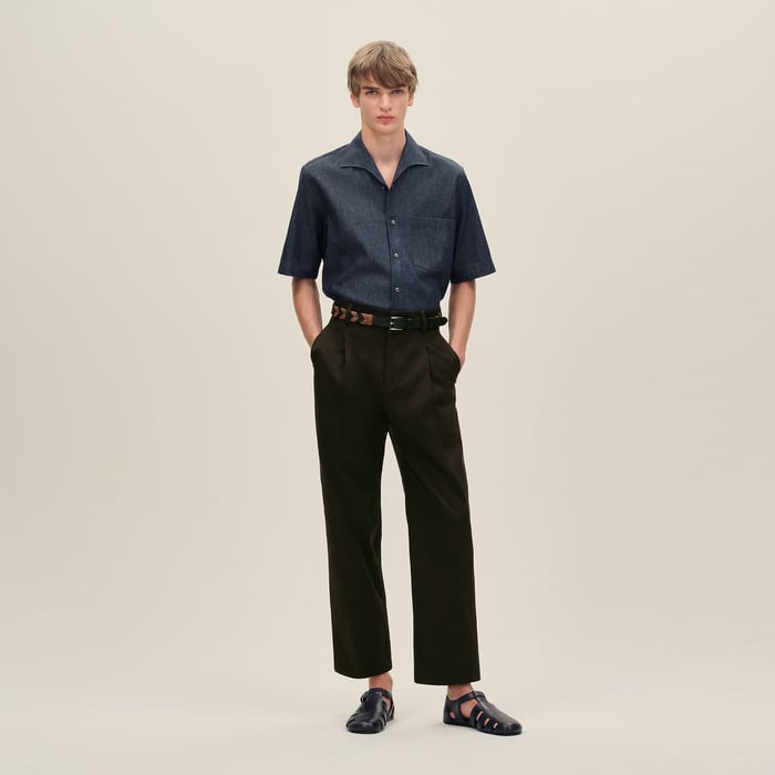 Indigo Short-sleeve Straight Cut Shirt With Notched Collar