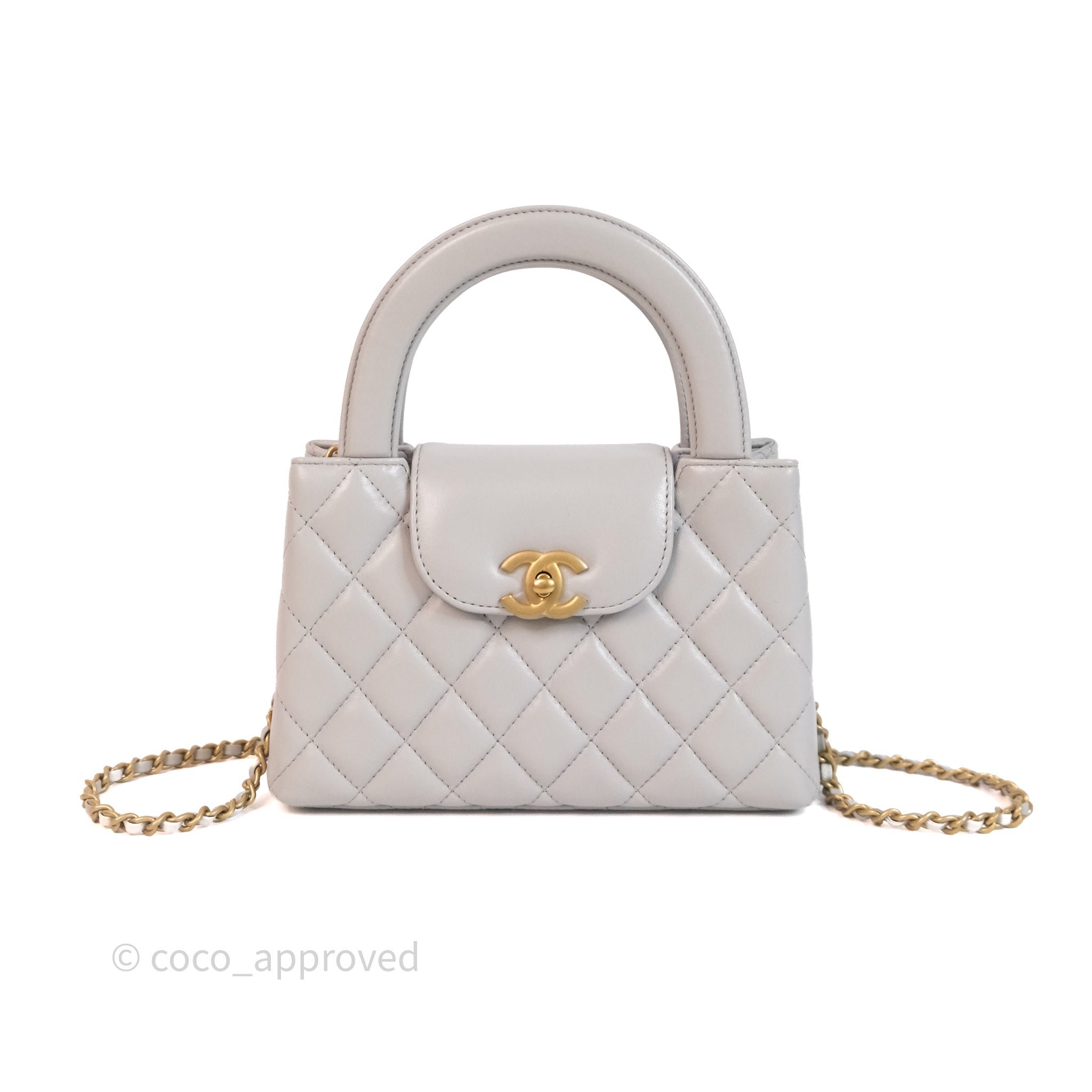 Chanel Kelly Bag Quilted Light Grey Shiny Calfskin Aged Gold Hardware