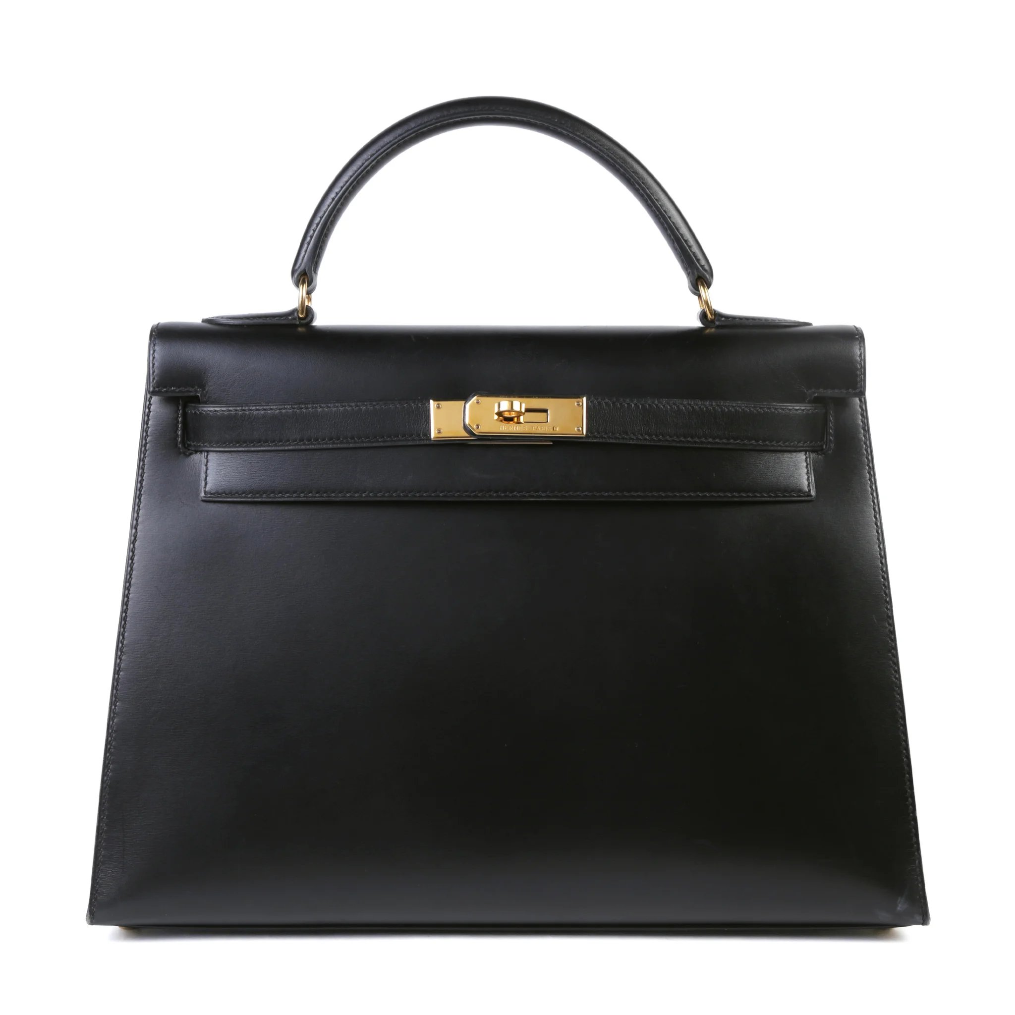 Very Good ( Rank A) HERMÈS Kelly 32 Sellier Noir (89) Box-calf Gold hardware Circle A (1971)