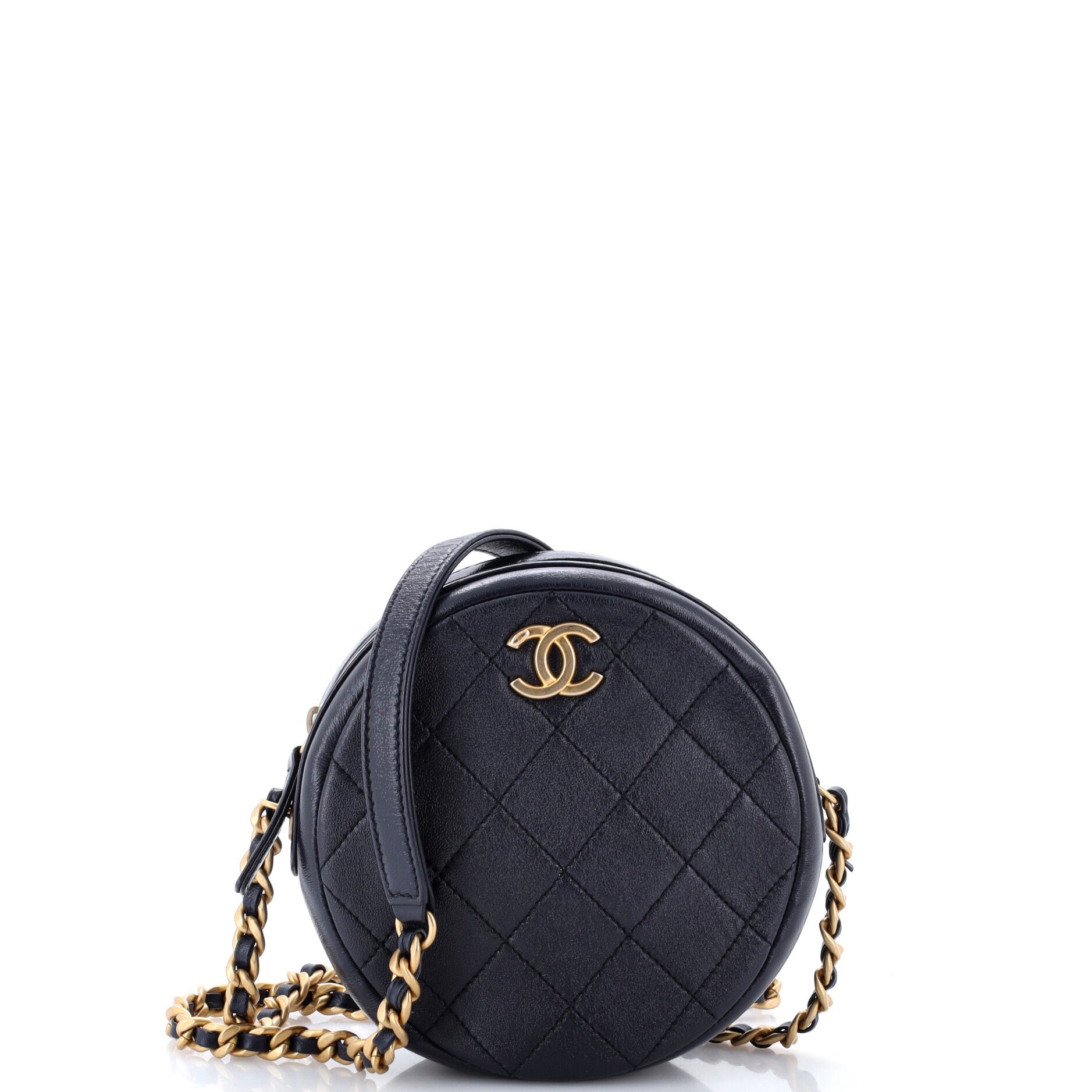 Round Clutch with Chain Quilted Glazed Calfskin