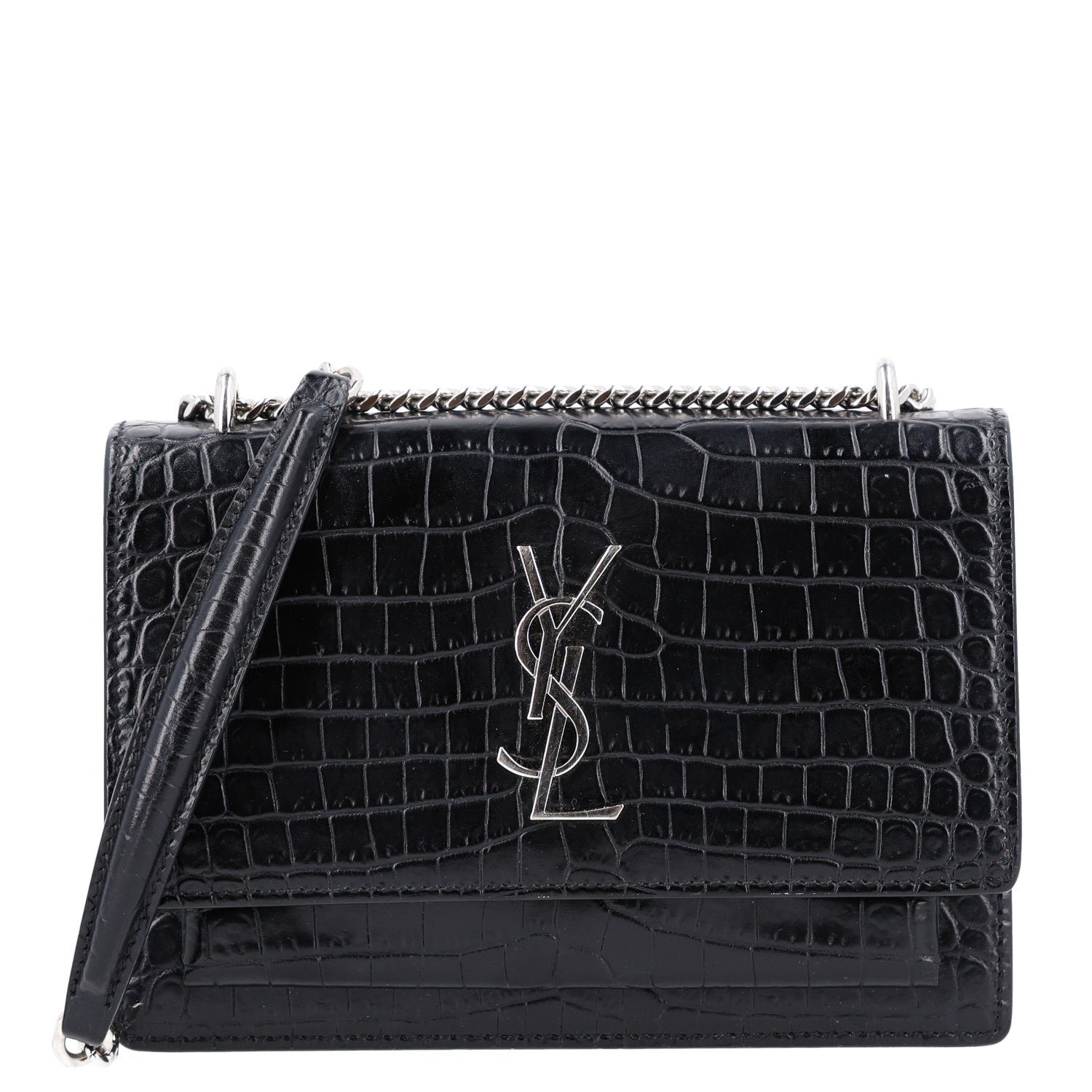 Saint Laurent Calfskin Crocodile Embossed Monogram Sunset Chain Wallet Black