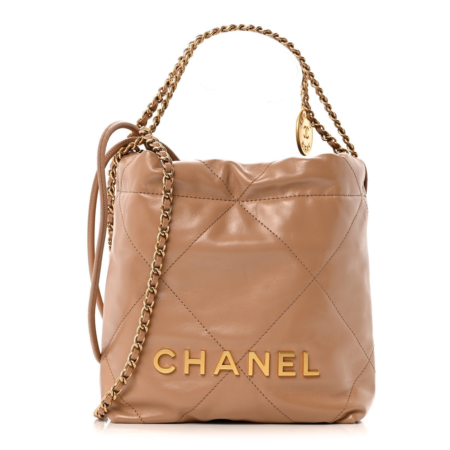 Chanel Shiny Calfskin Quilted Mini Chanel 22 Dark Beige