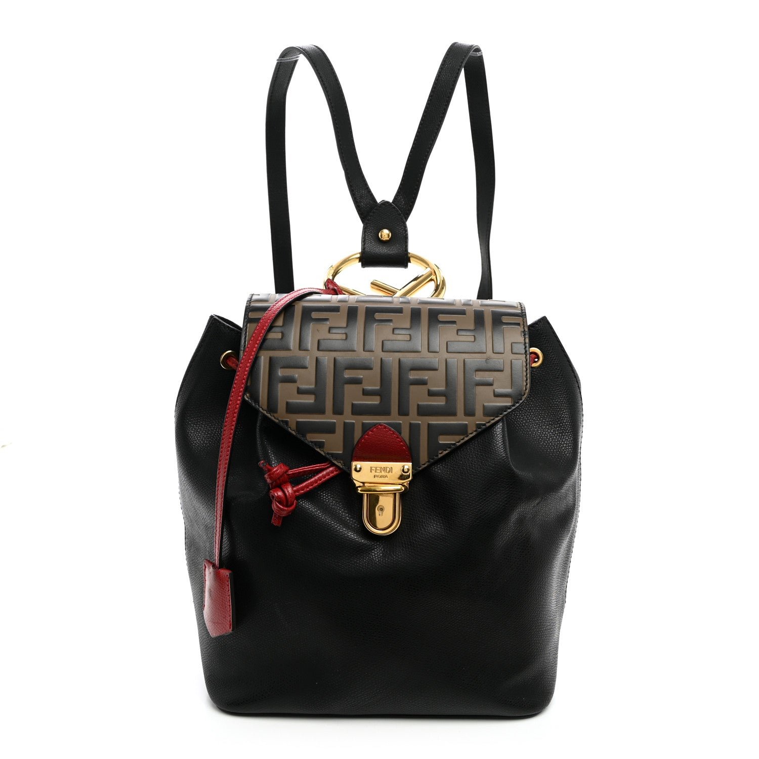 Fendi Vitello Cruise Bi-Color FF 1974 Embossed F is Fendi Drawstring Backpack Black Fragola Maya