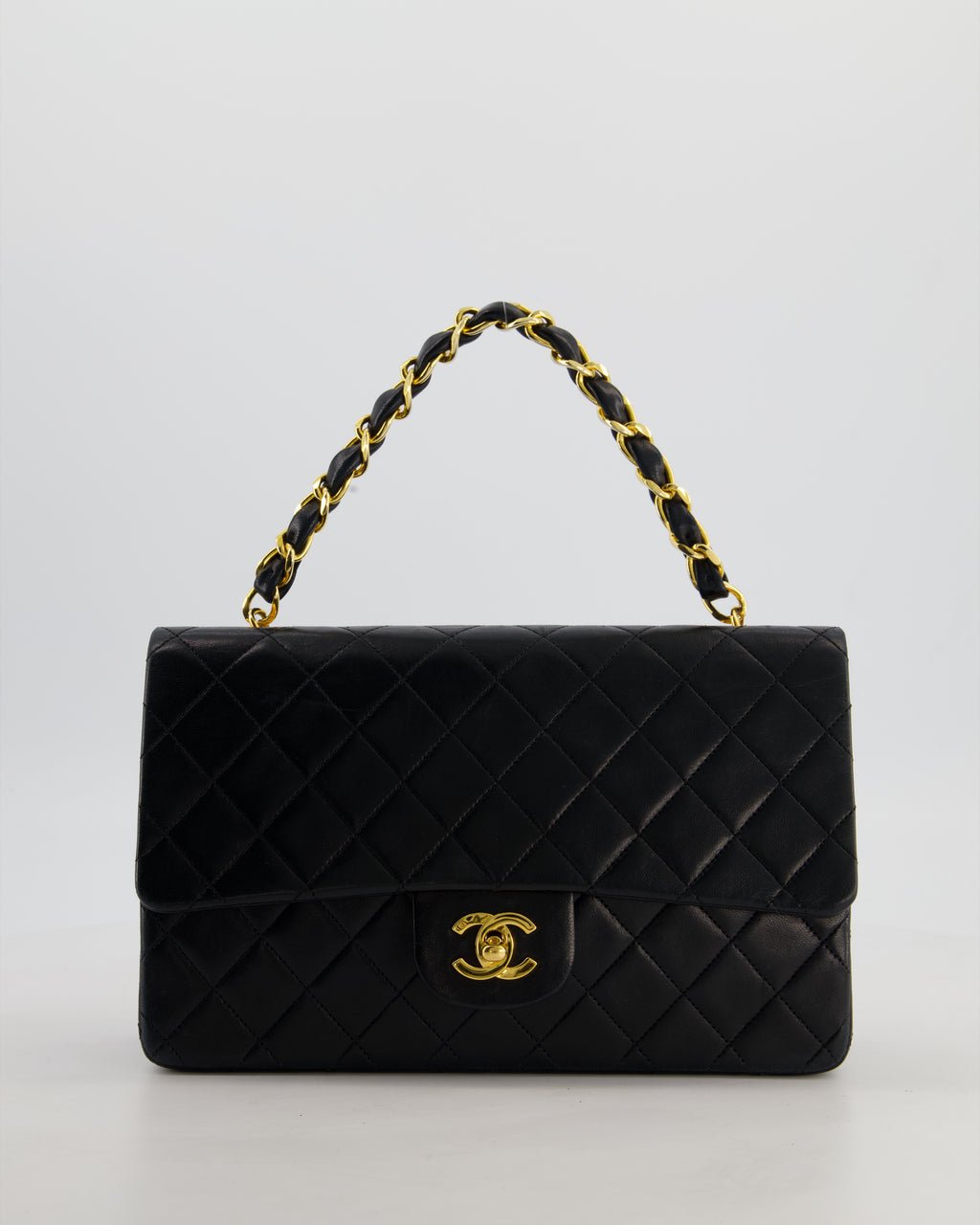 *RARE* Chanel Black Vintage Medium Single Flap Bag in Lambskin Leather with 24K Gold Chain Top Handle